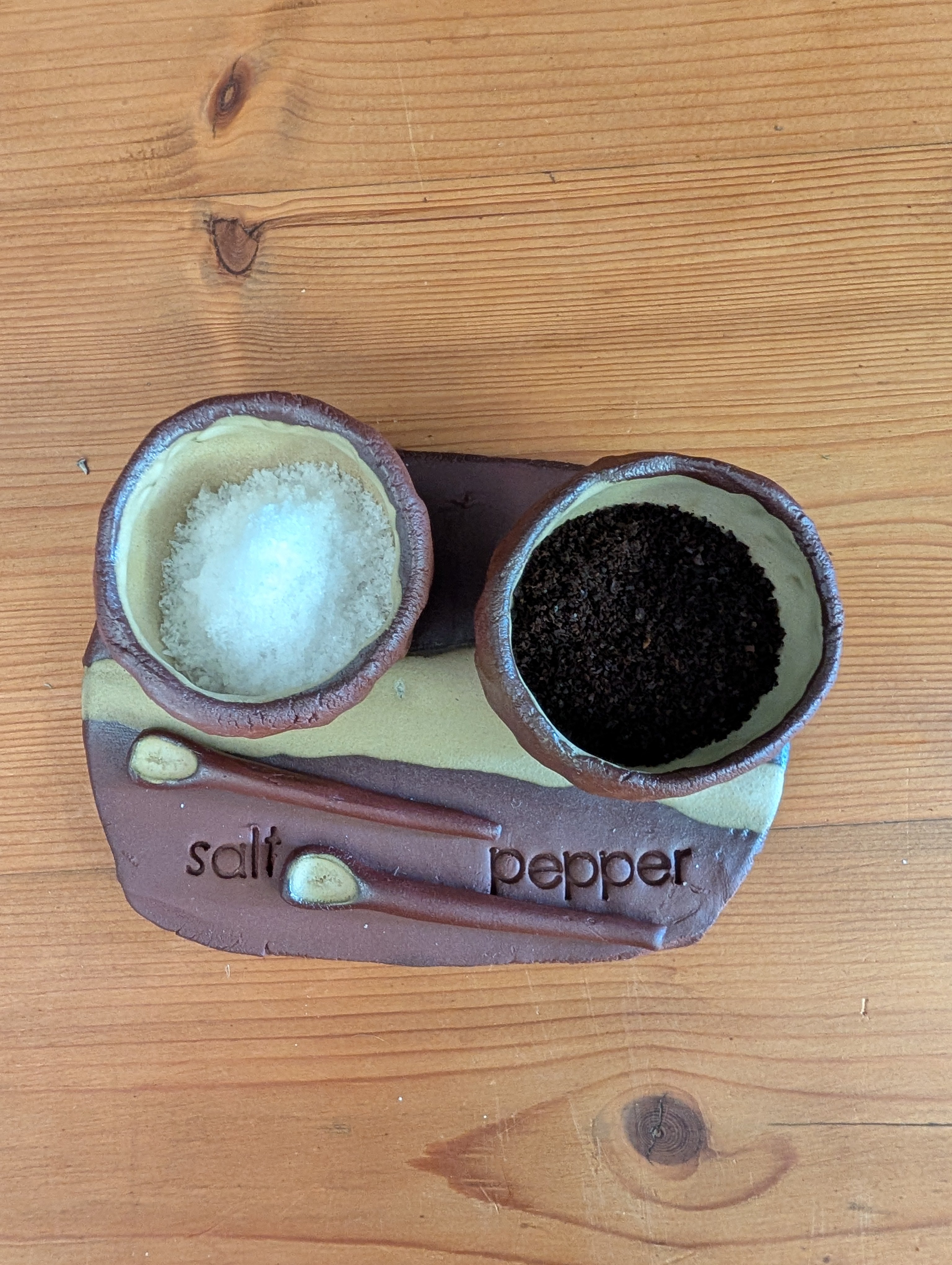 Hand-built Ceramic Salt & Pepper Pots with Tray and Spoons - Rustic Earthy Kitchen Set