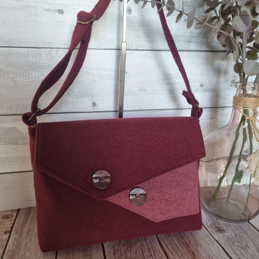 Upcycled assymetrical crossbody messenger bag - burgundy wool