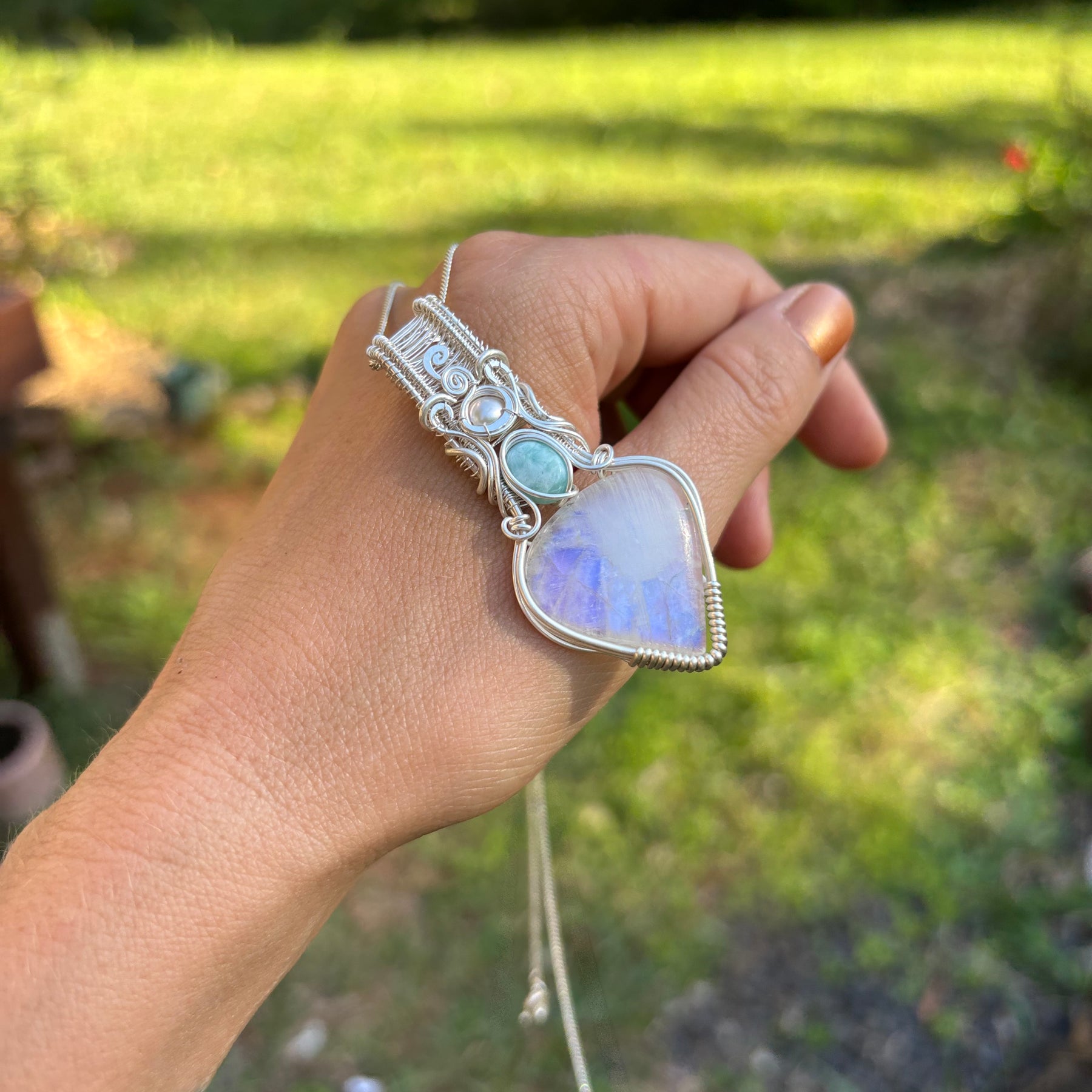 Moonstone, Larimar, Pearl, silver pendant