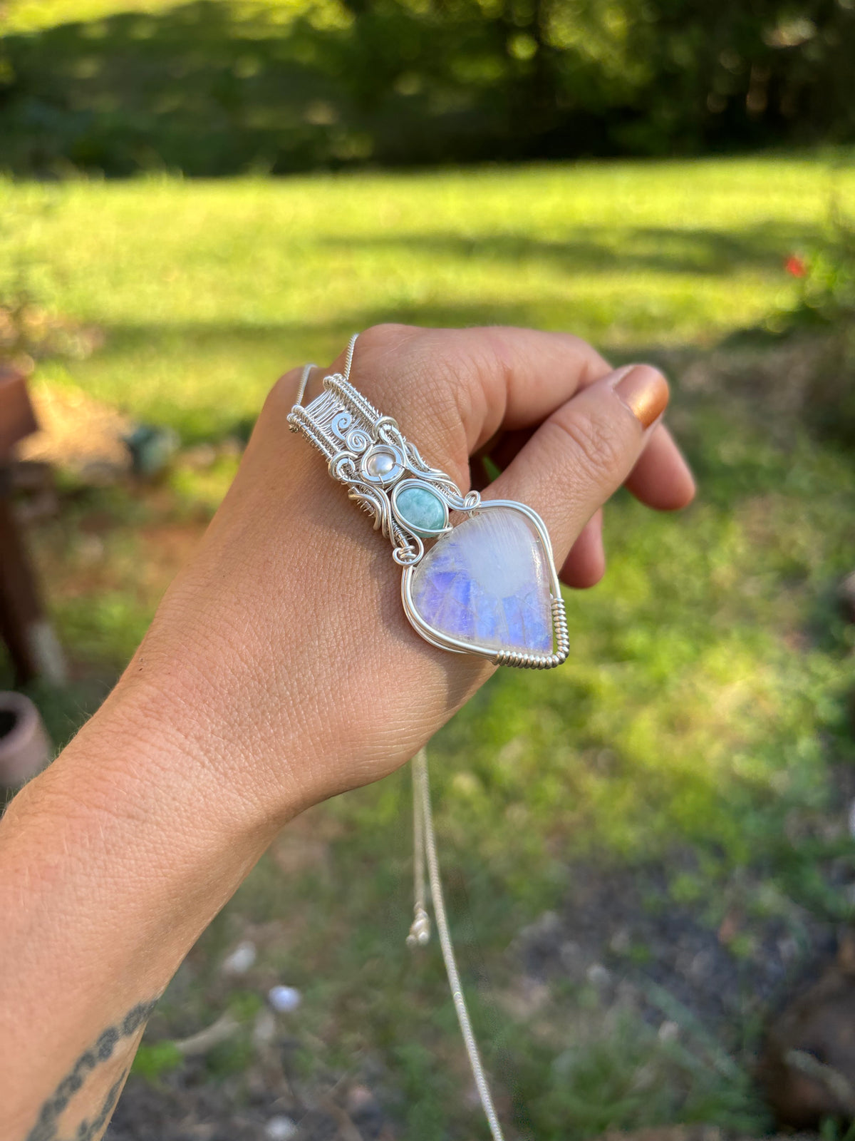 Moonstone, Larimar, Pearl, silver pendant