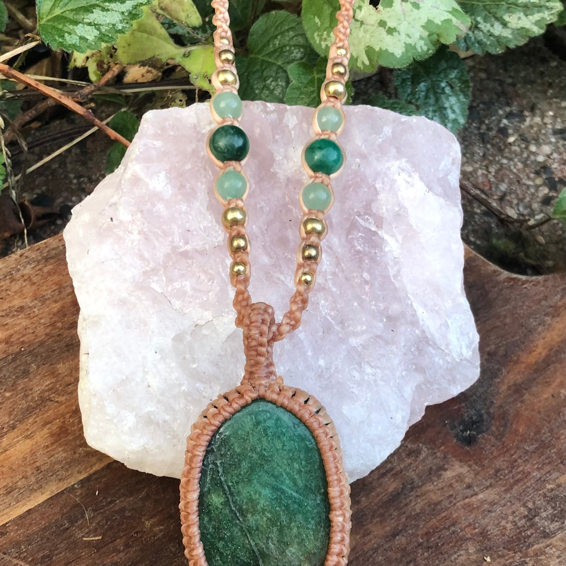 Green Fuschite Pendant Necklace: Beaded Macrame, Adjustable Boho Gift