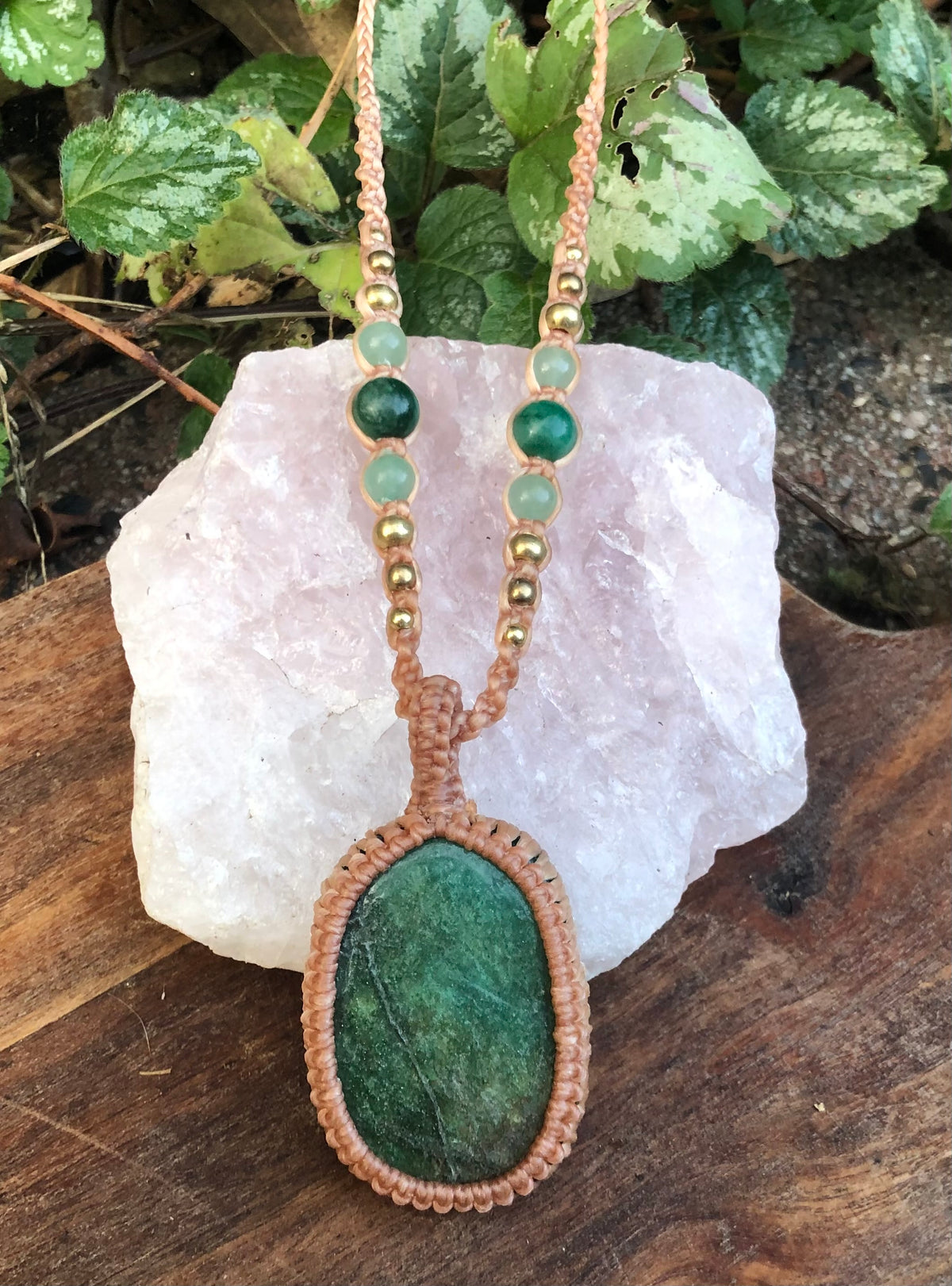 Green Fuschite Pendant Necklace: Beaded Macrame, Adjustable Boho Gift