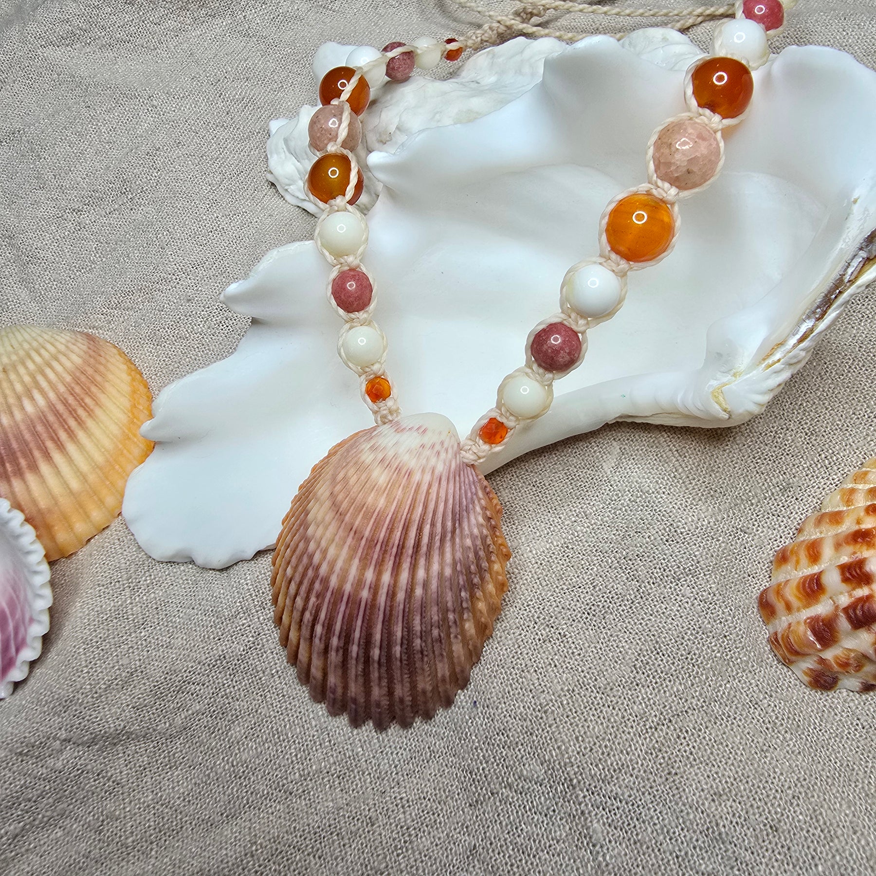 Cockle Shell Necklace with Carnelian, Peach Calcite & Thulite