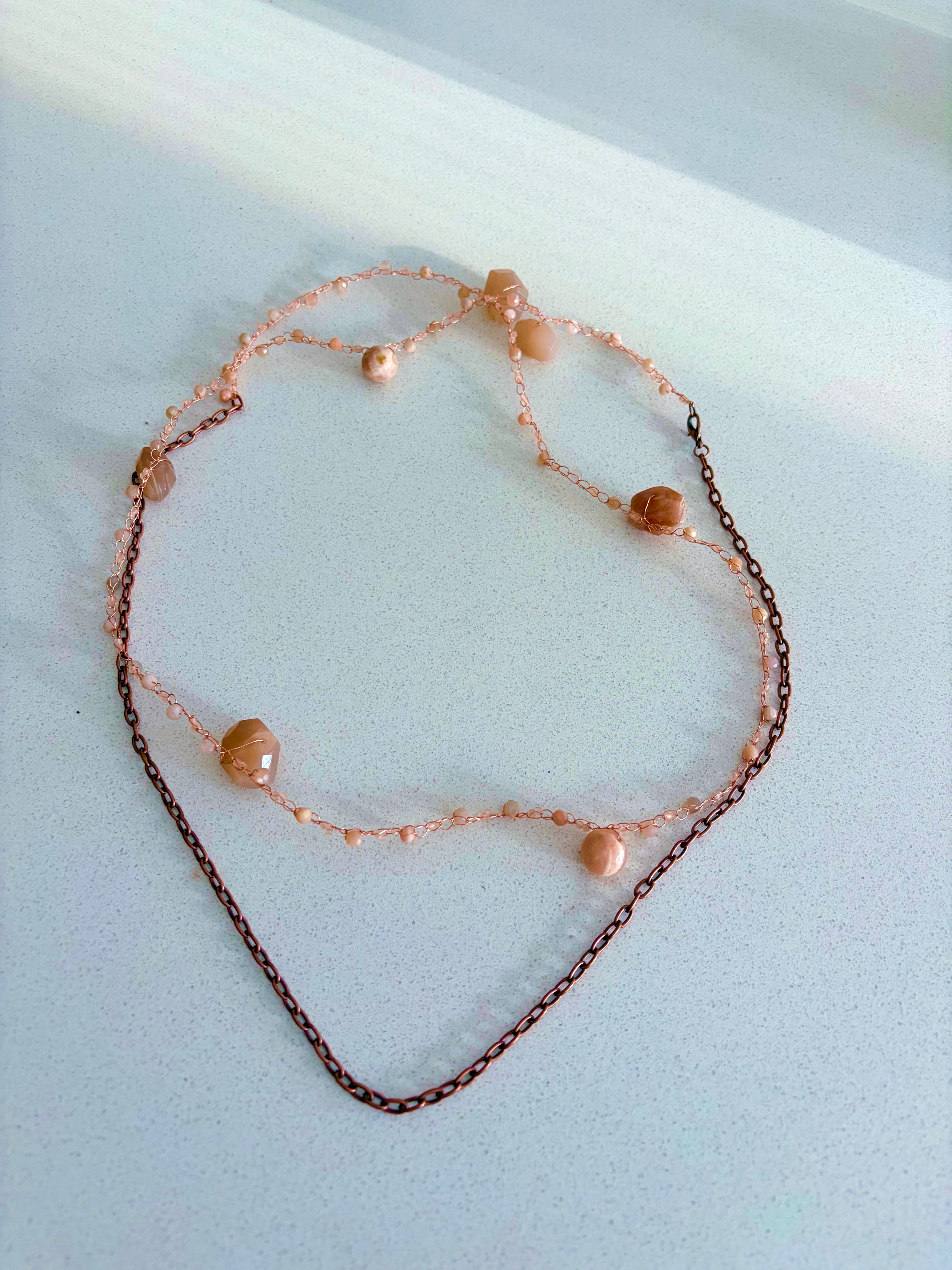 Moon Twist-peach moonstone and copper crochet necklace