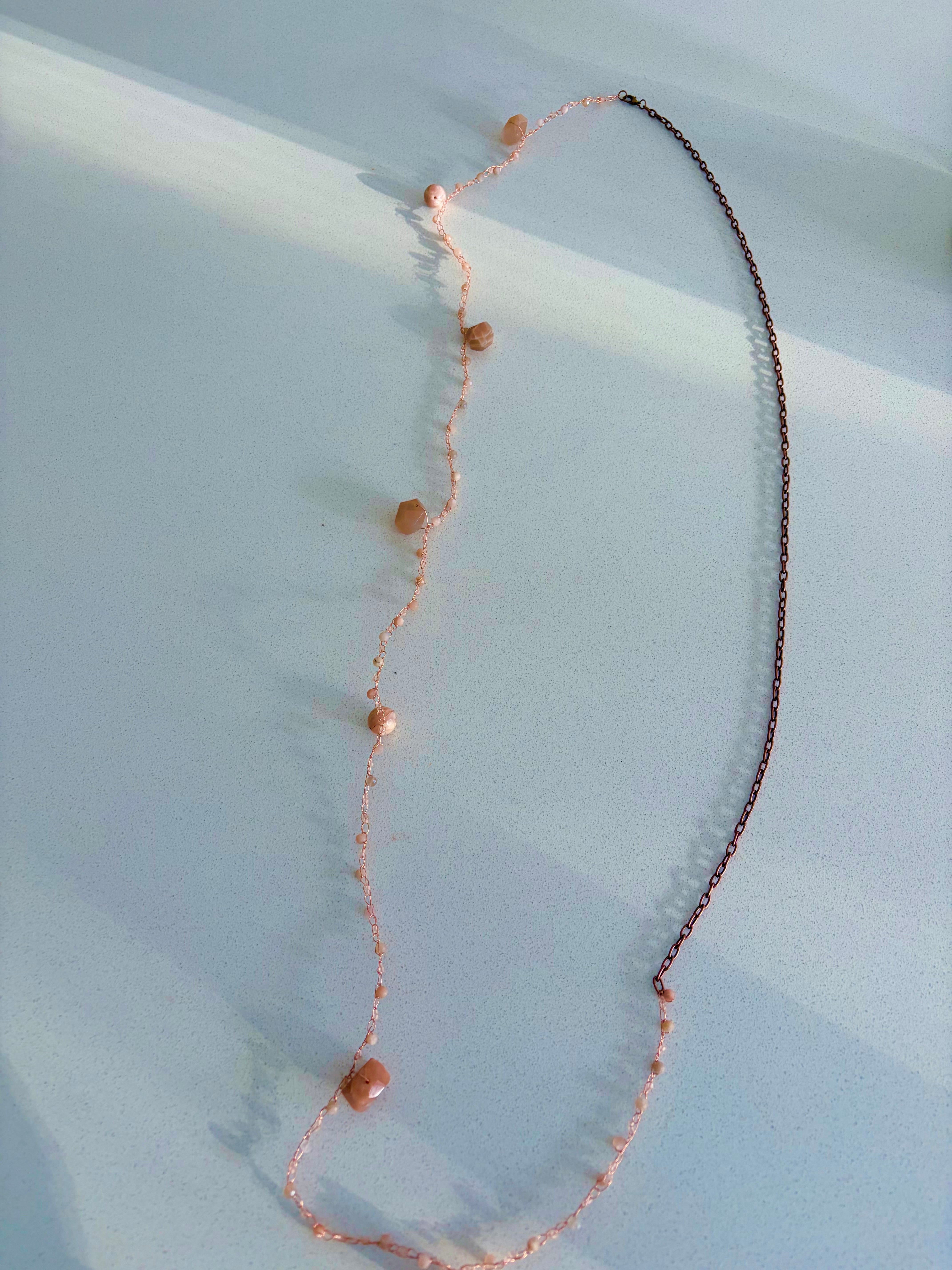Moon Twist-peach moonstone and copper crochet necklace
