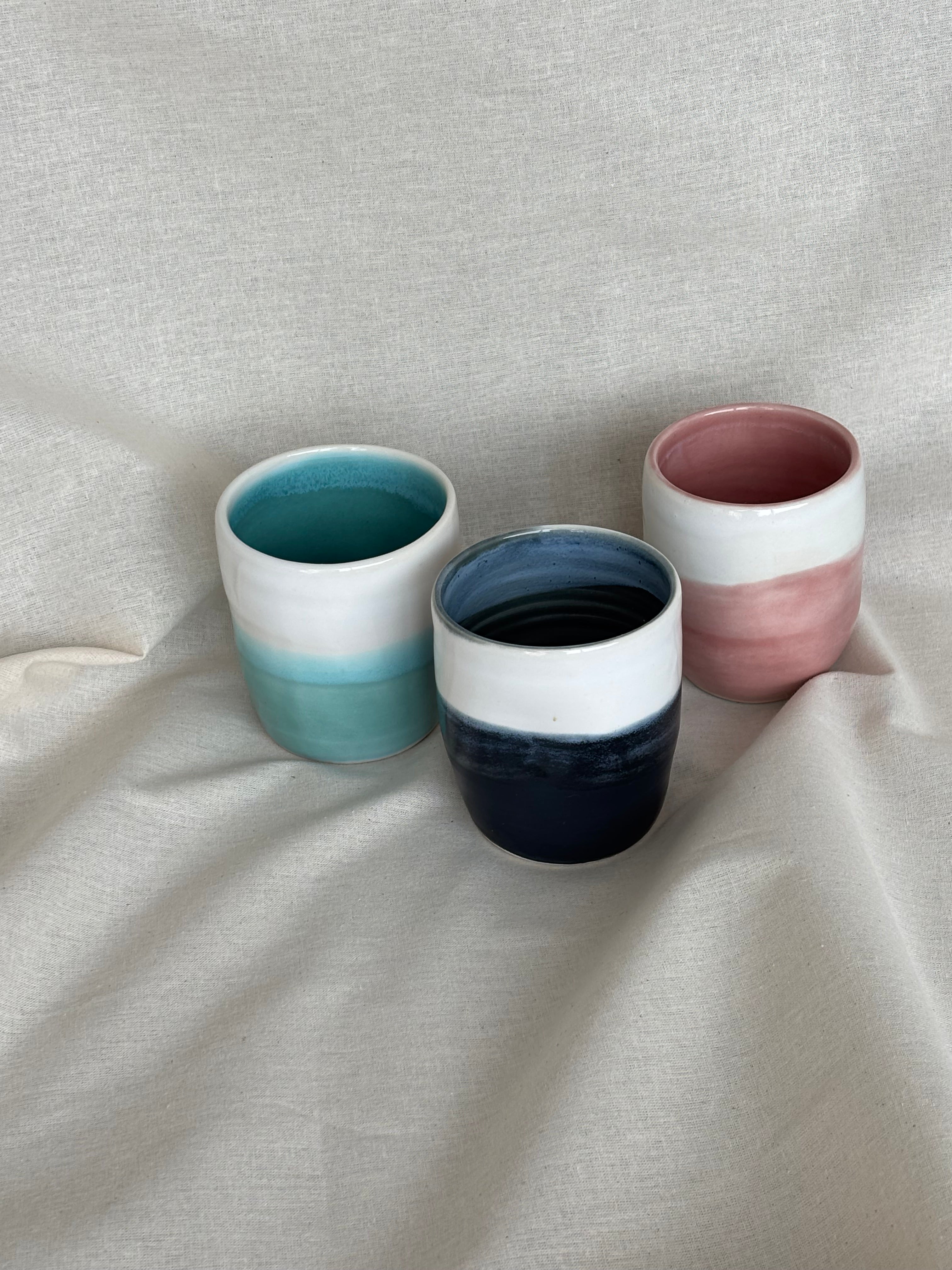 Handmade Ceramic Stoneware Cup | Wheel Thrown | Handleless | Thumb Print | Duo Colours