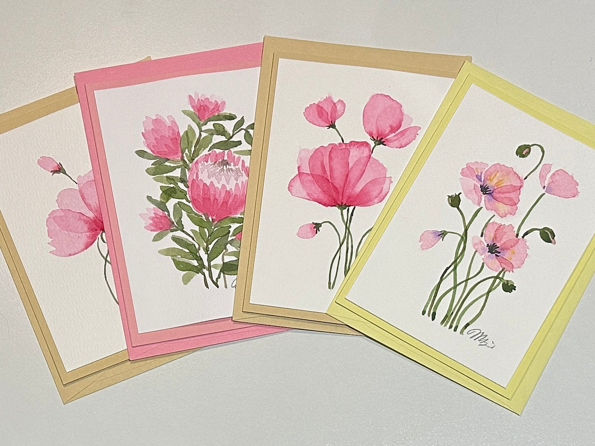 4 x hand-painted 'pretty in pink' floral cards