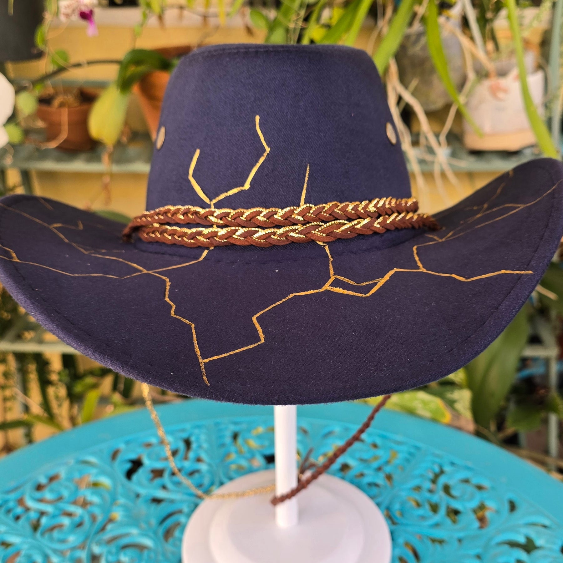 Handburnt and painted fedora hat - cracking stone