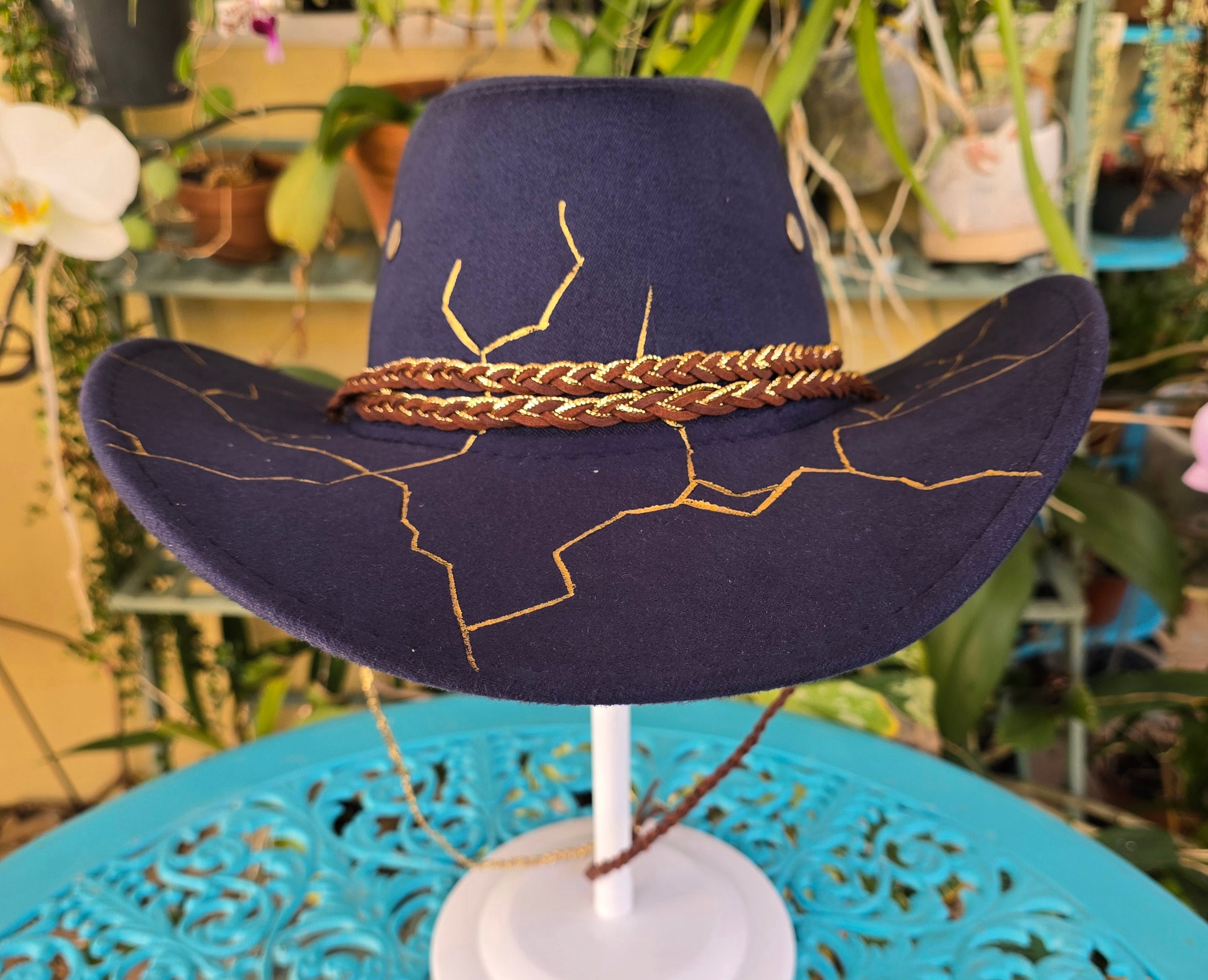 Handburnt and painted fedora hat - cracking stone