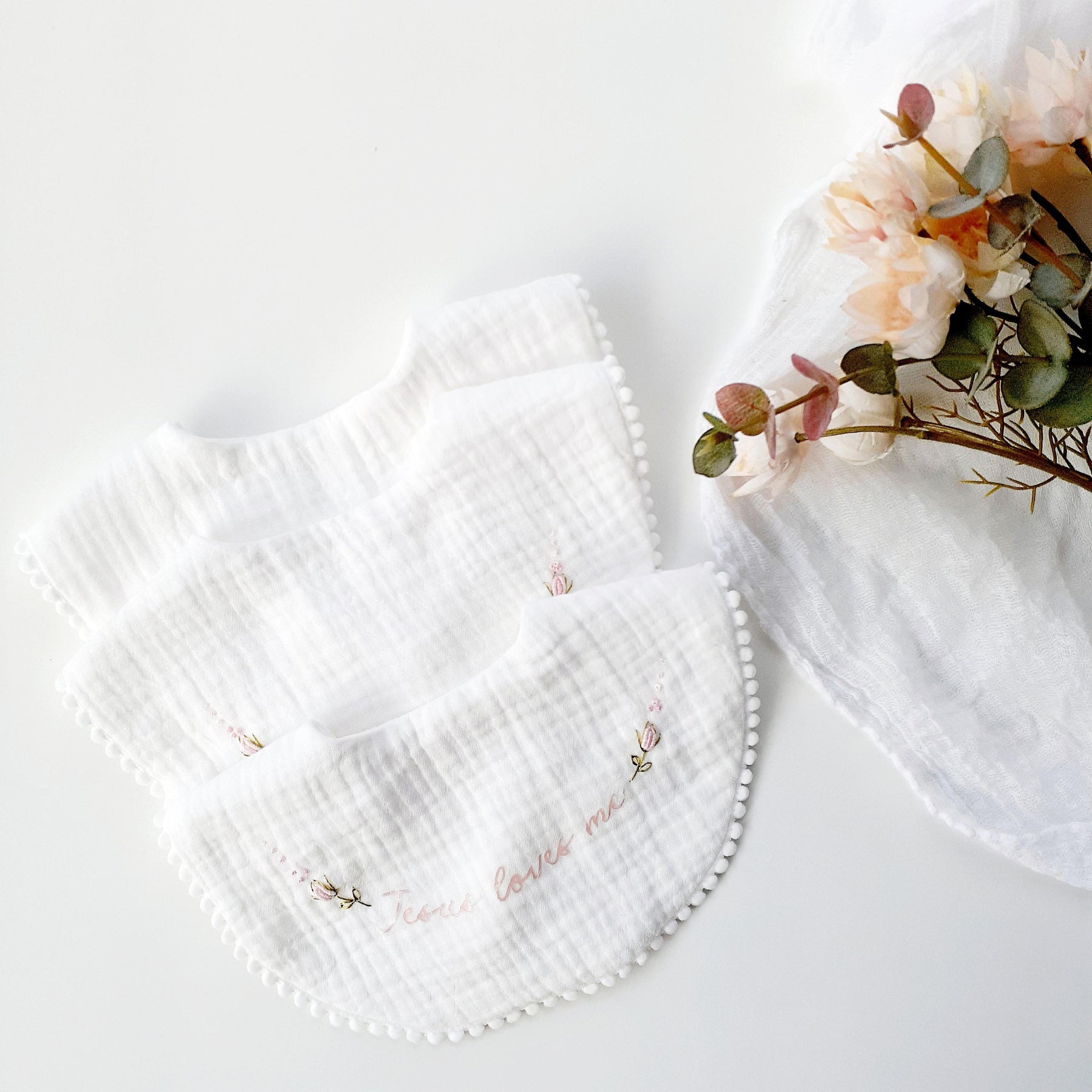 Embroidered Floral Baby Bib • Vintage-Style Scalloped Keepsake, Jesus Loves Me