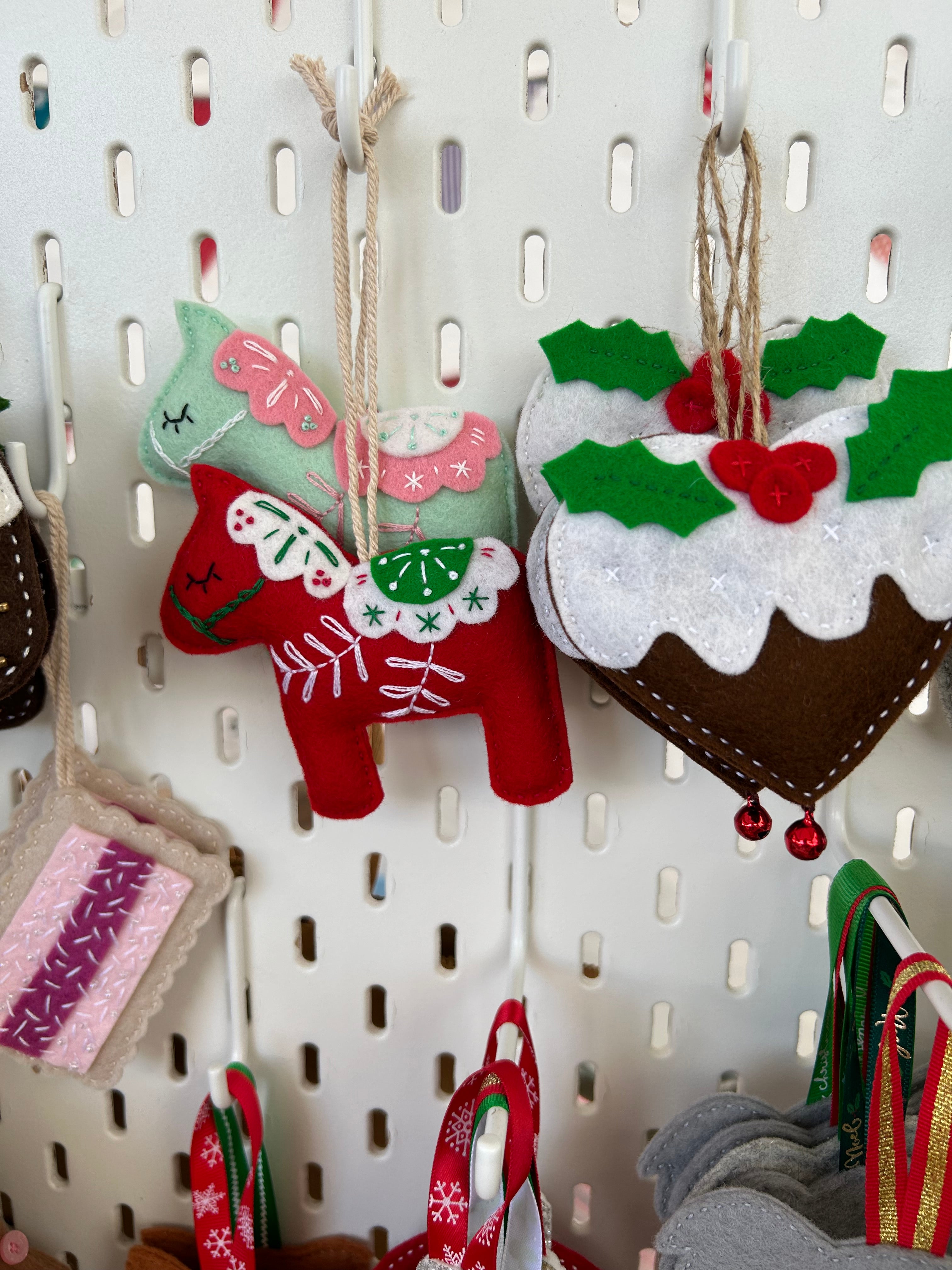 Scandinavian-inspired Dala horse ornament, hand embroidered for timeless holiday charm