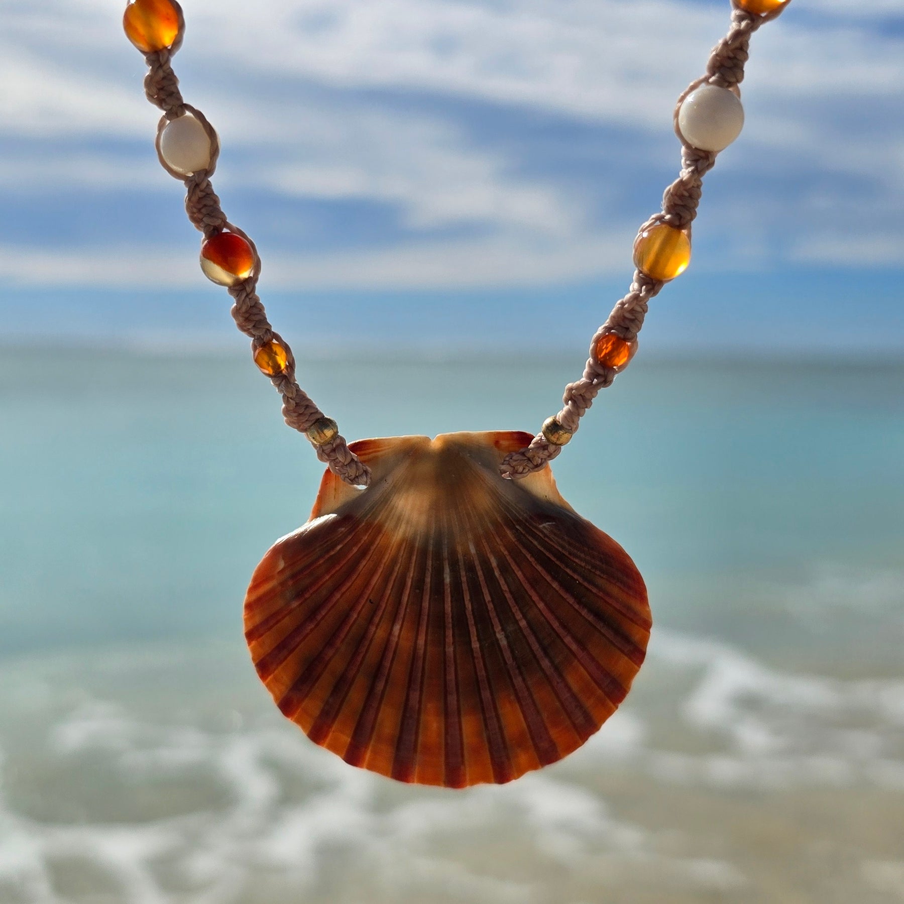 Scallop Shell Necklace with Carnelian & Shell Beads
