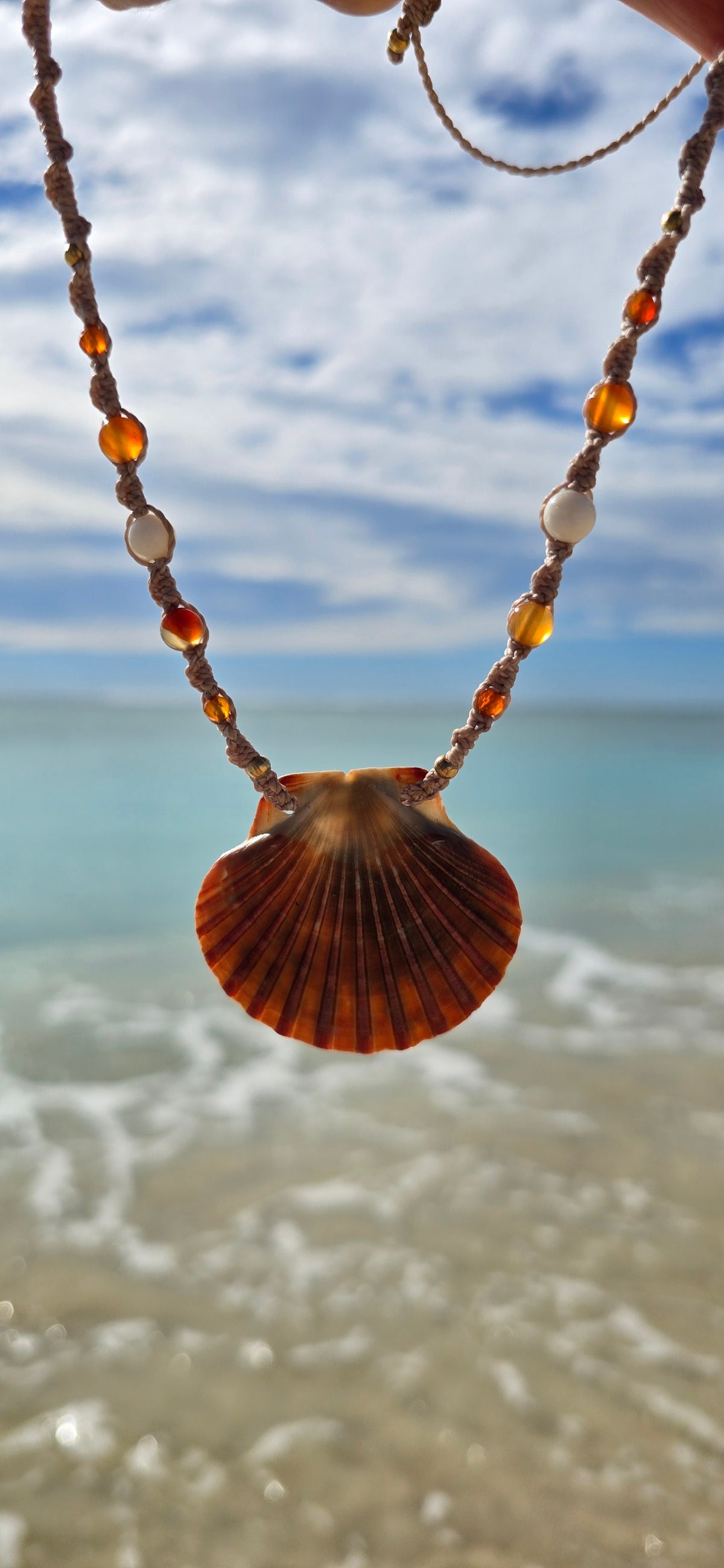 Scallop Shell Necklace with Carnelian & Shell Beads