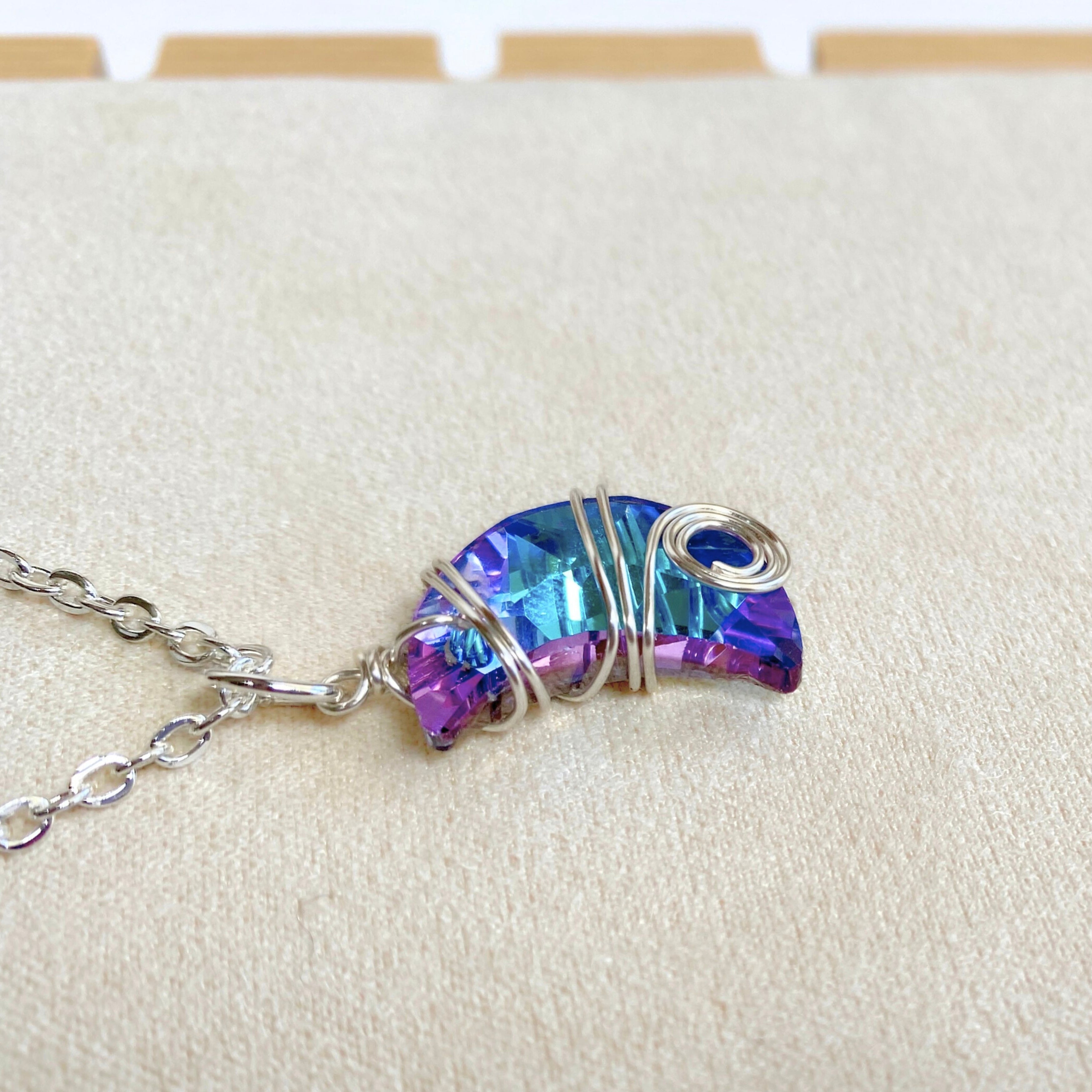 Crescent moon crystal pendant | Wire-wrapped | Silver chain necklace | Whimsical Mythical style