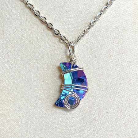 Crescent moon crystal pendant | Wire-wrapped | Silver chain necklace | Whimsical Mythical style
