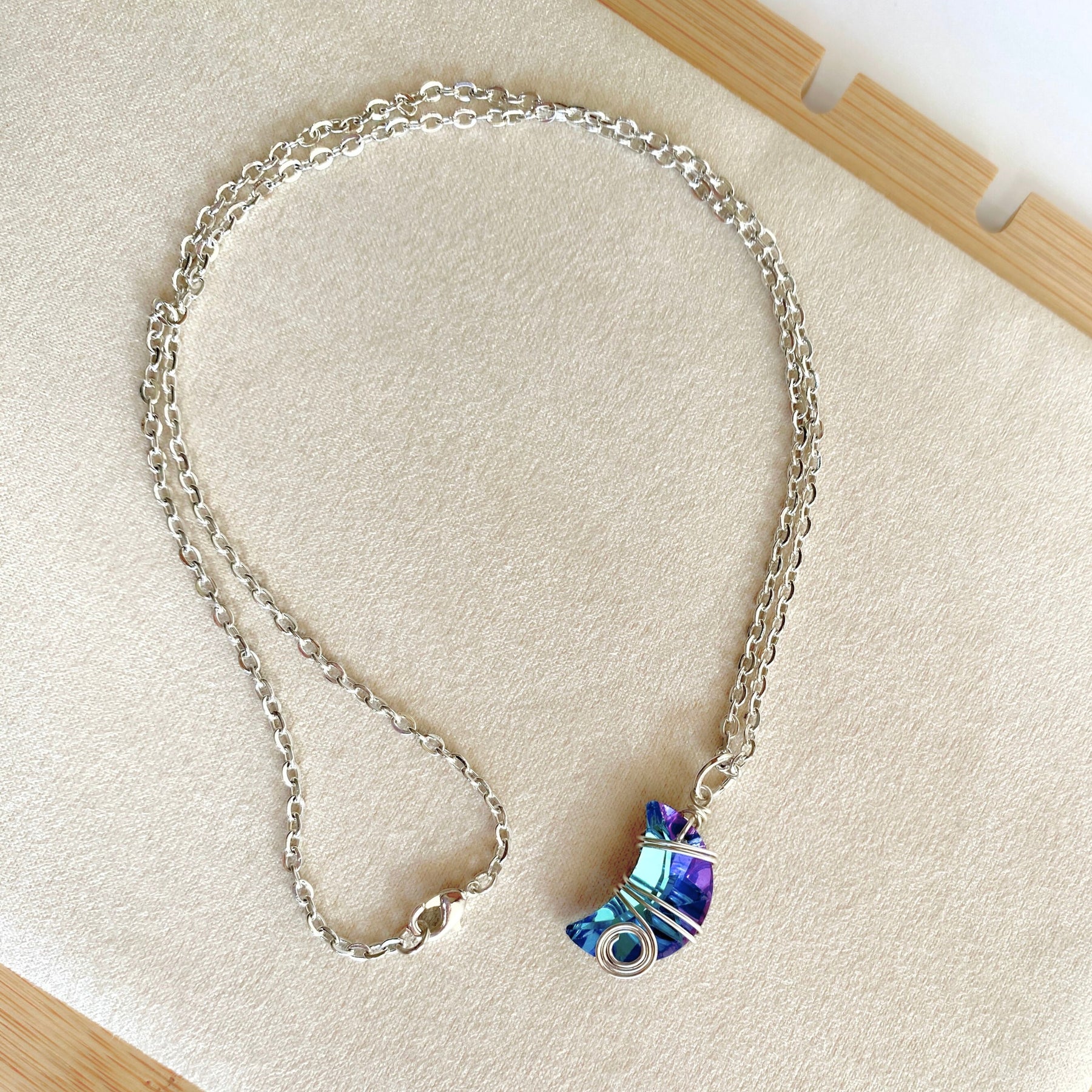 Crescent moon crystal pendant | Wire-wrapped | Silver chain necklace | Whimsical Mythical style