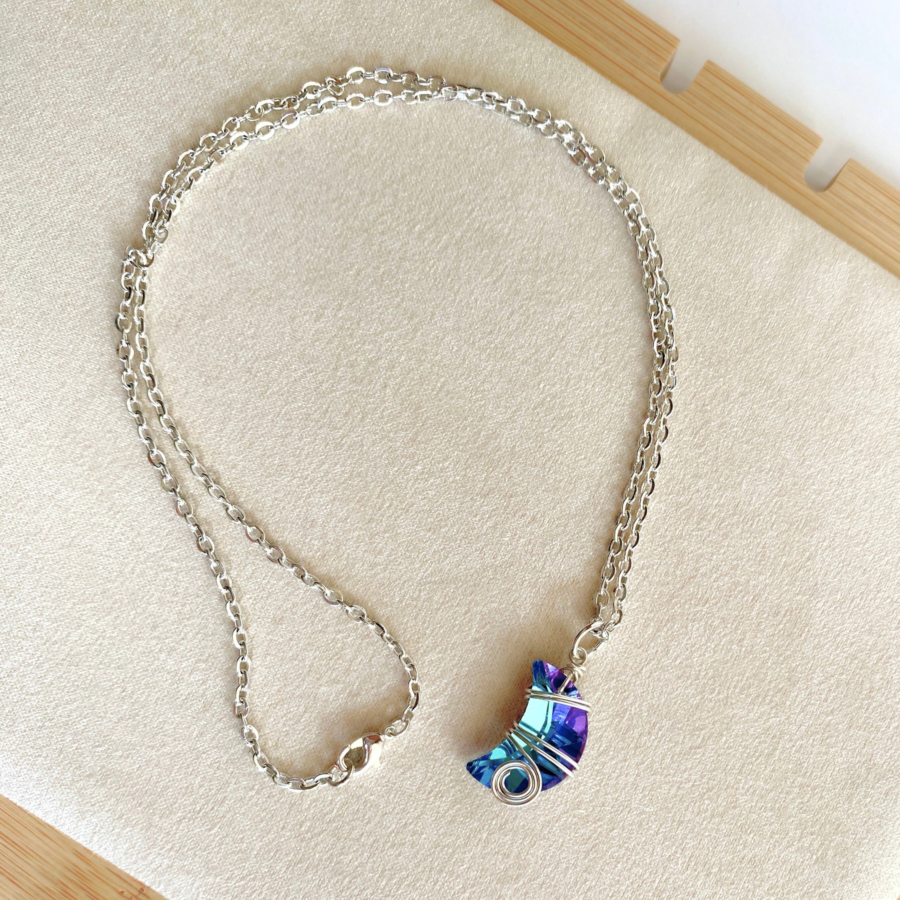 Crescent moon crystal pendant | Wire-wrapped | Silver chain necklace | Whimsical Mythical style