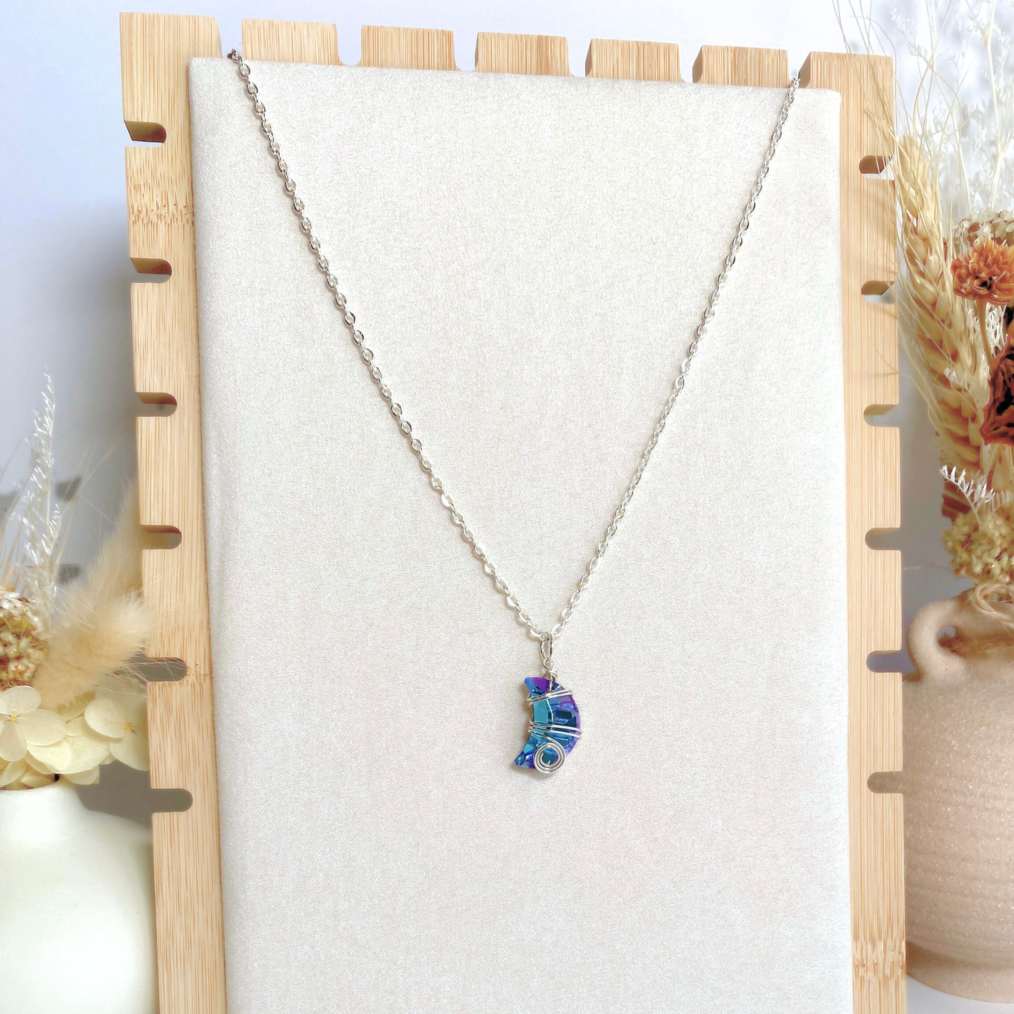 Crescent moon crystal pendant | Wire-wrapped | Silver chain necklace | Whimsical Mythical style