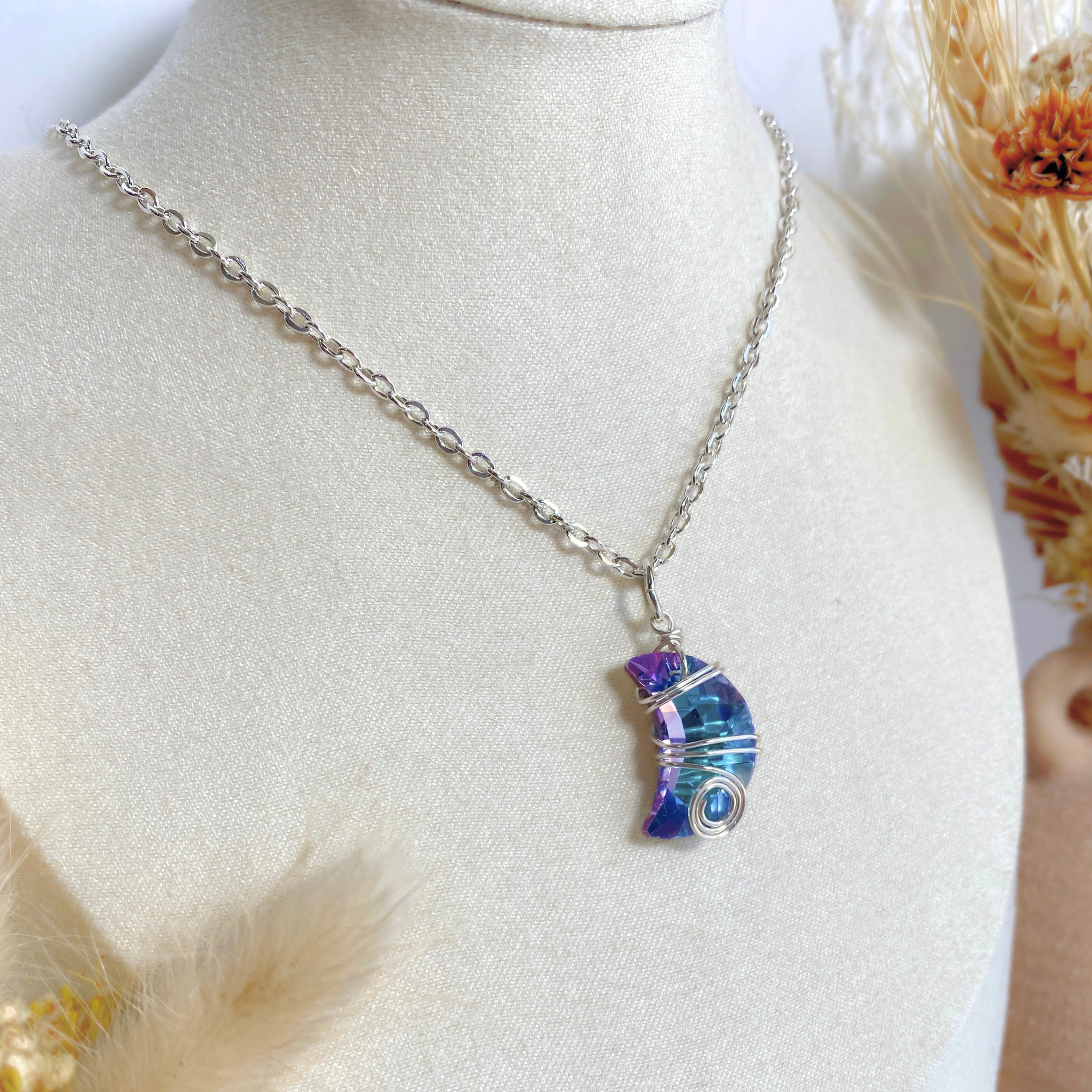 Crescent moon crystal pendant | Wire-wrapped | Silver chain necklace | Whimsical Mythical style