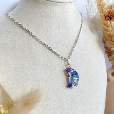 Crescent moon crystal pendant | Wire-wrapped | Silver chain necklace | Whimsical Mythical style