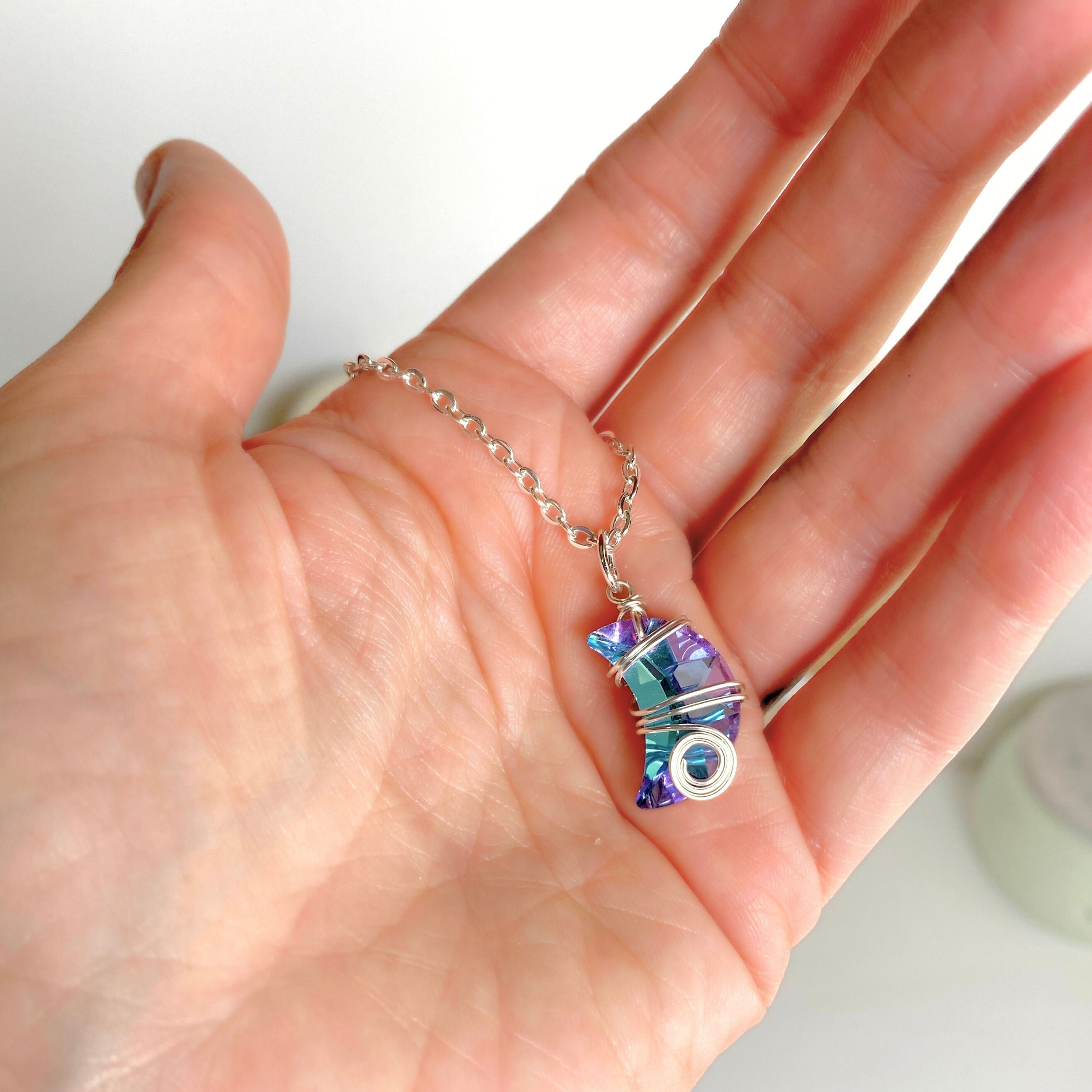 Crescent moon crystal pendant | Wire-wrapped | Silver chain necklace | Whimsical Mythical style