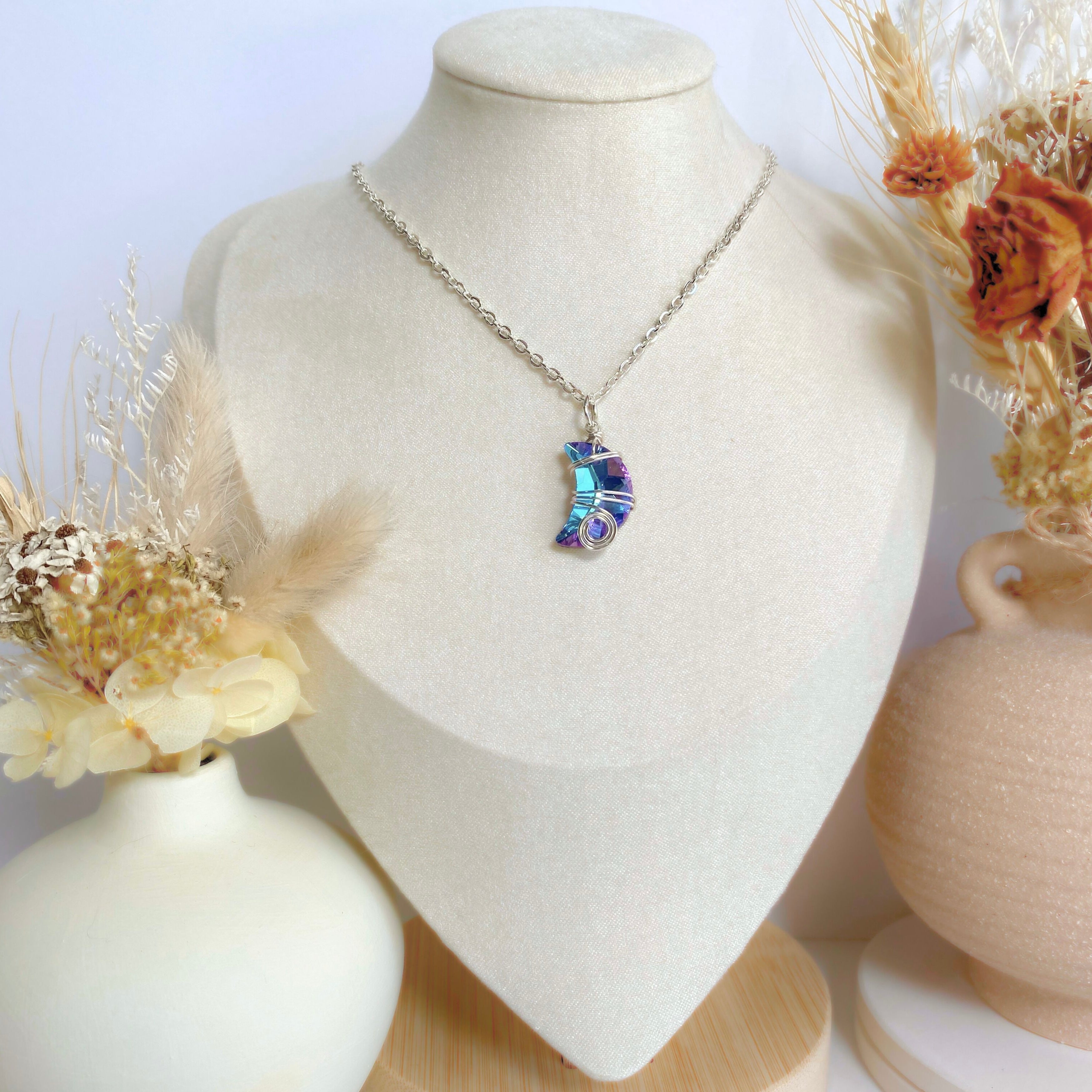 Crescent moon crystal pendant | Wire-wrapped | Silver chain necklace | Whimsical Mythical style