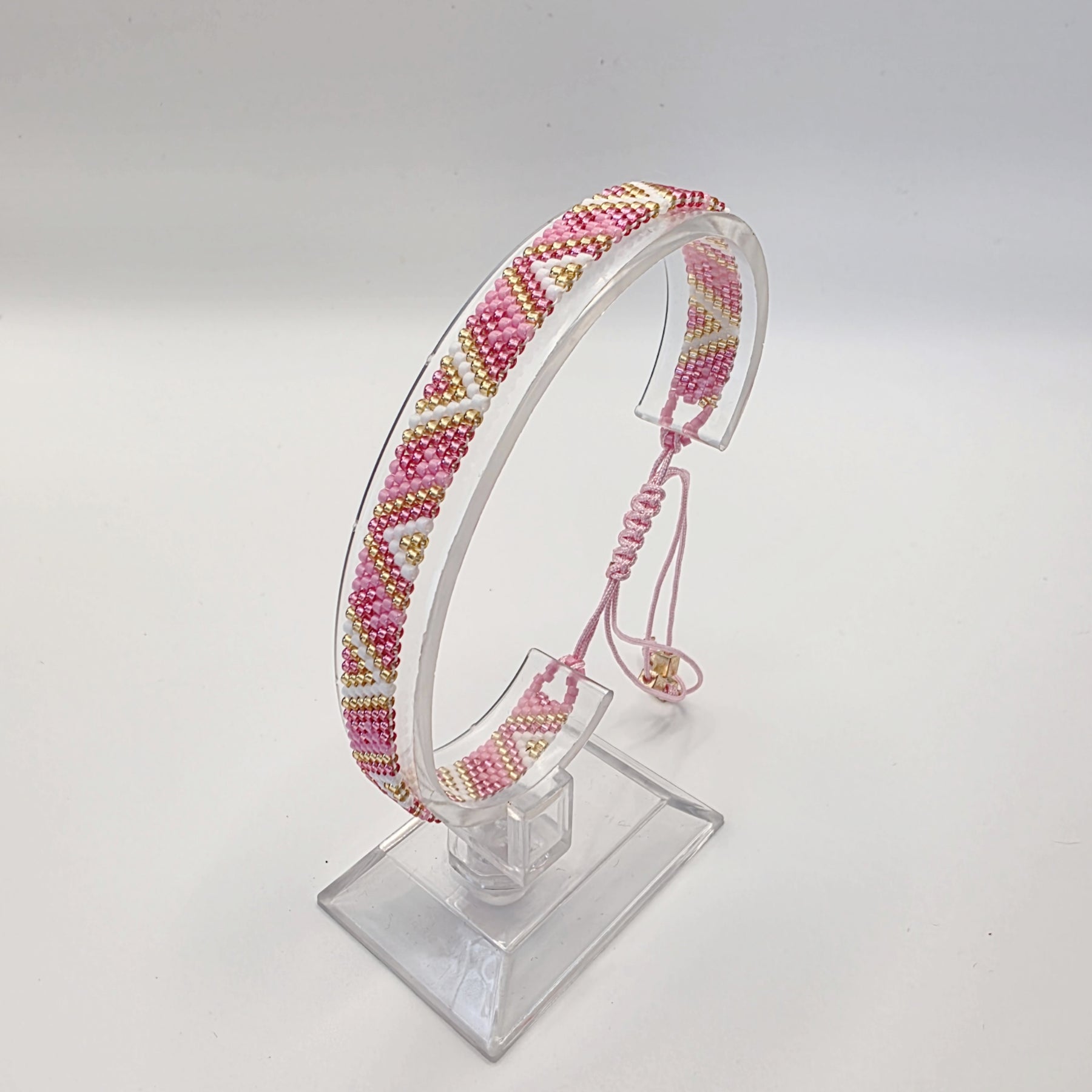 Pink and Gold, Handwoven Beaded Bracelet, Adjustable