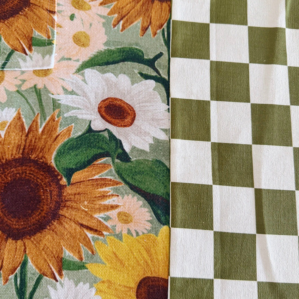 Sunflowers Japanese style cross back kitchen apron. Crafting, gardening, no ties apron.