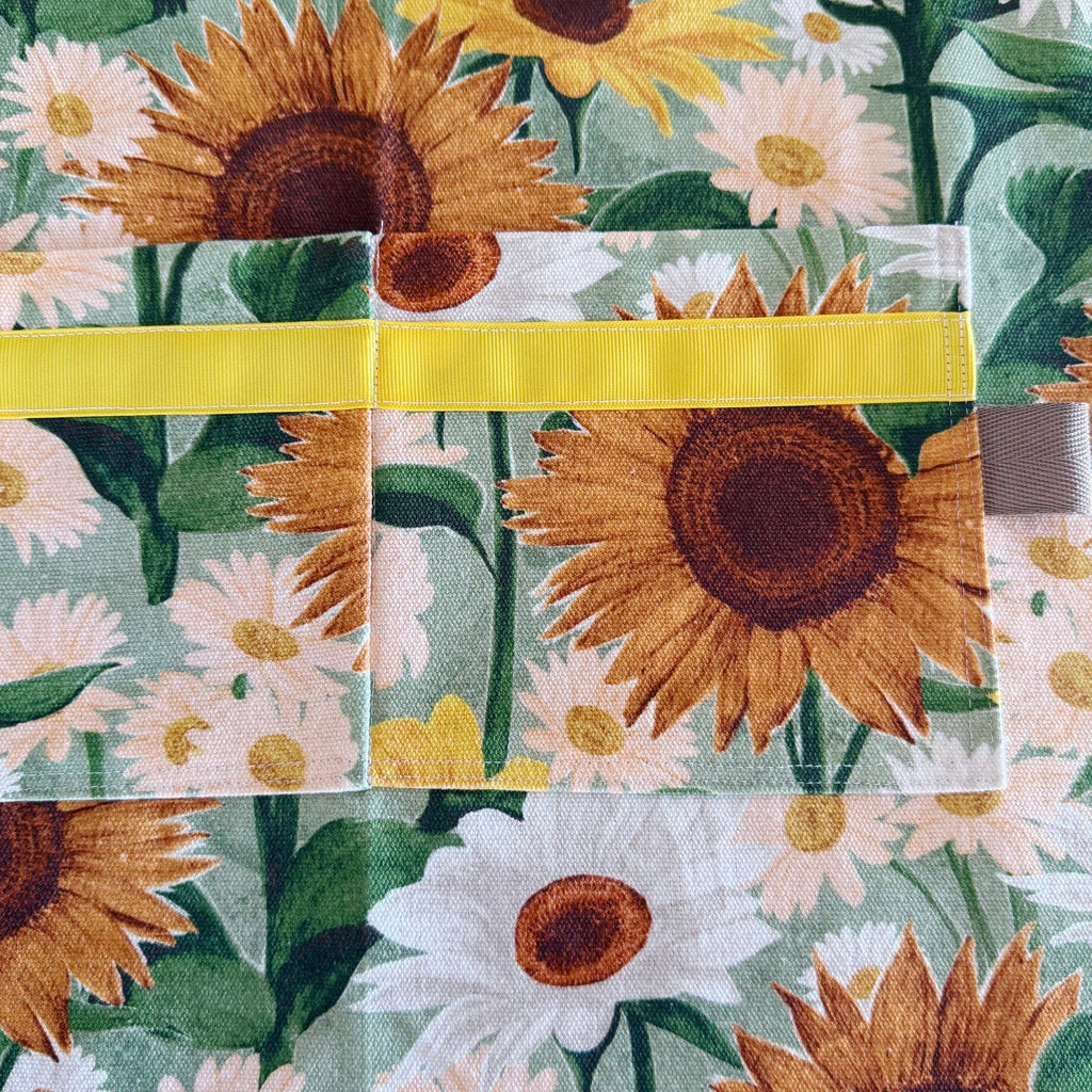 Sunflowers Japanese style cross back kitchen apron. Crafting, gardening, no ties apron.