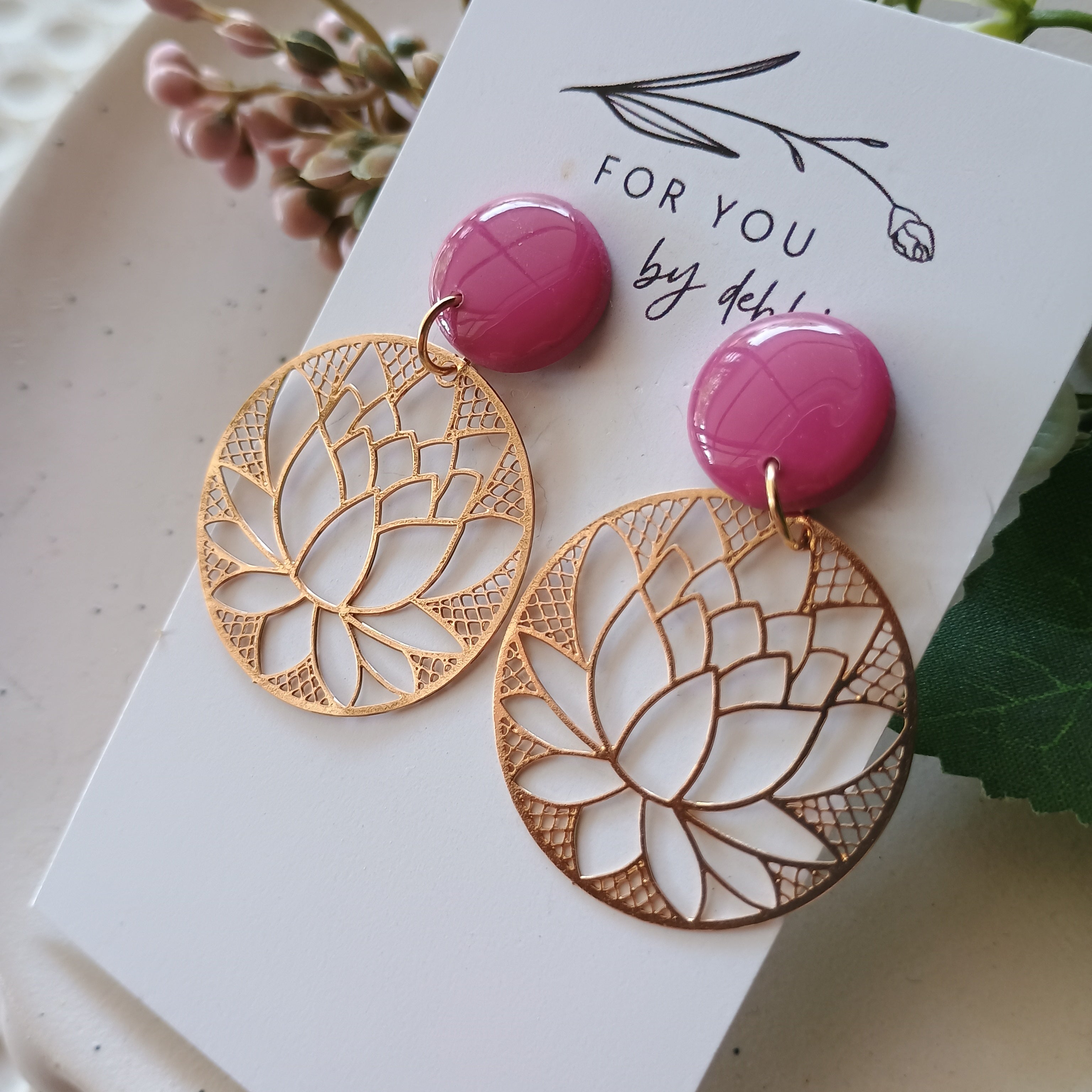 Filigree charm dangle earrings- rose and gold lotus