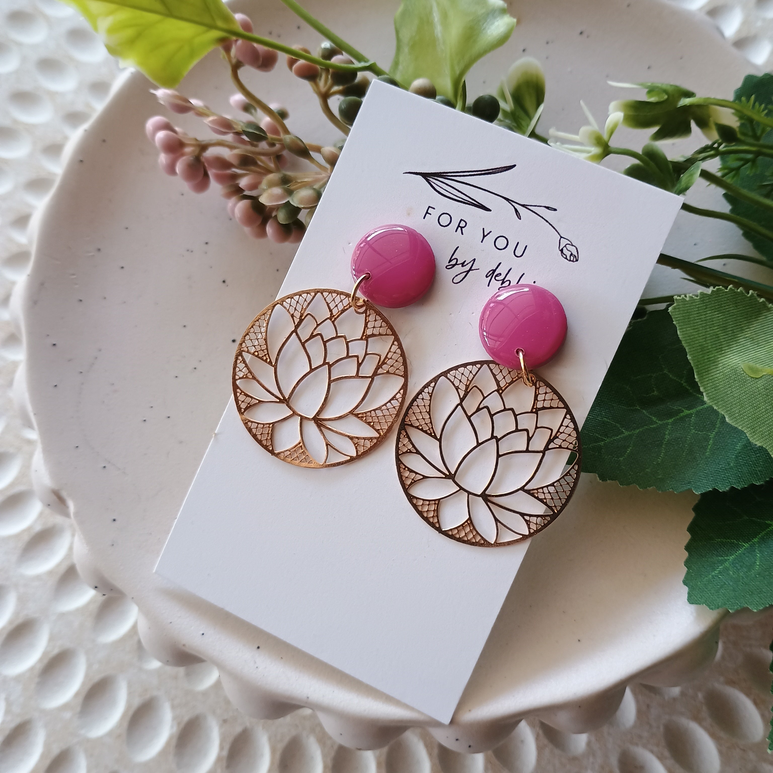 Filigree charm dangle earrings- rose and gold lotus