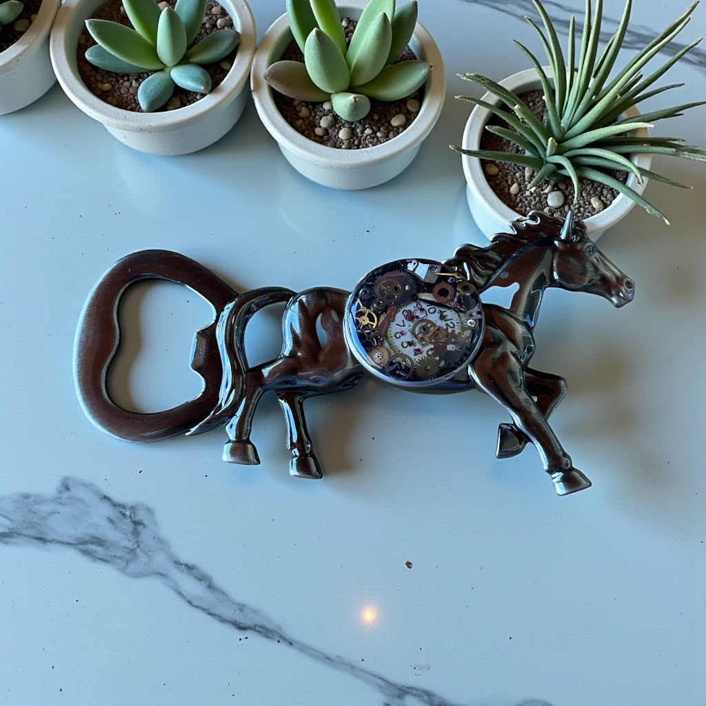 Steampunk watch parts horse bottle opener
