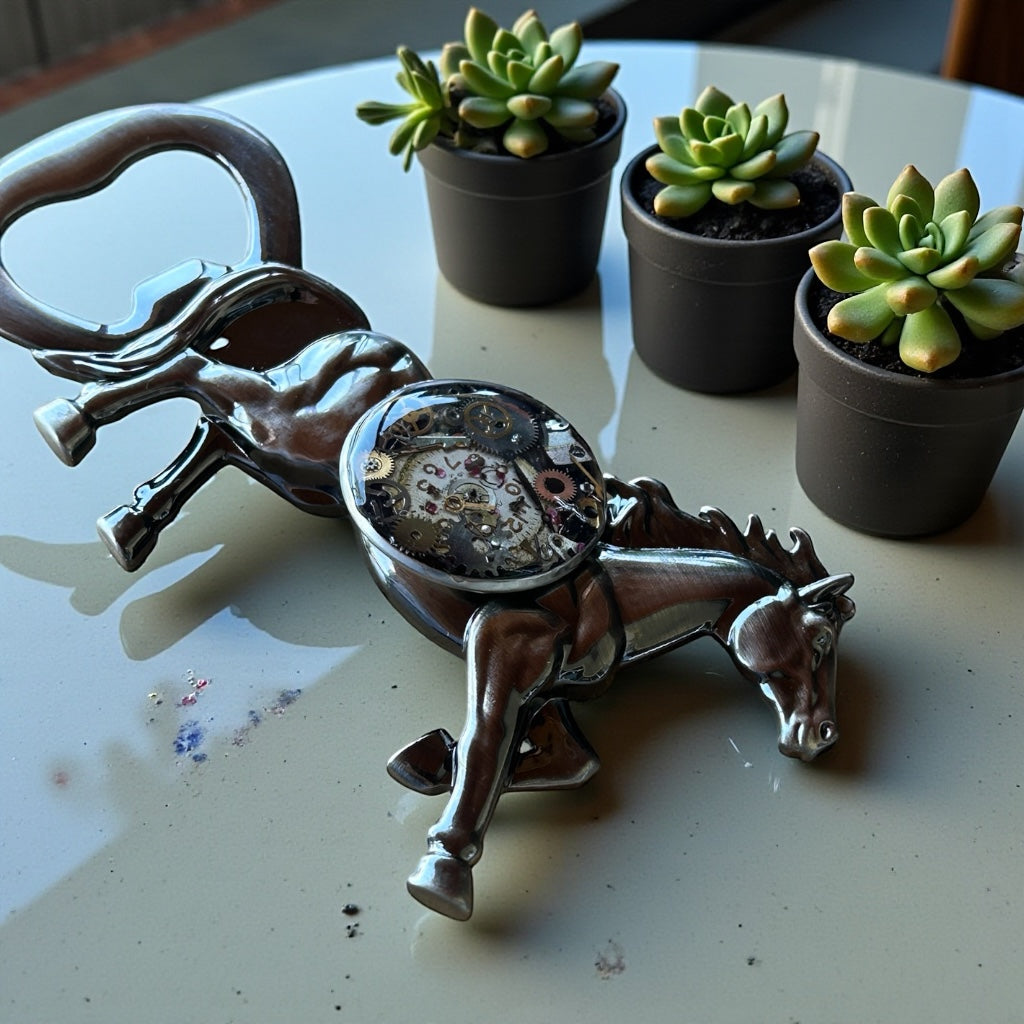Steampunk watch parts horse bottle opener