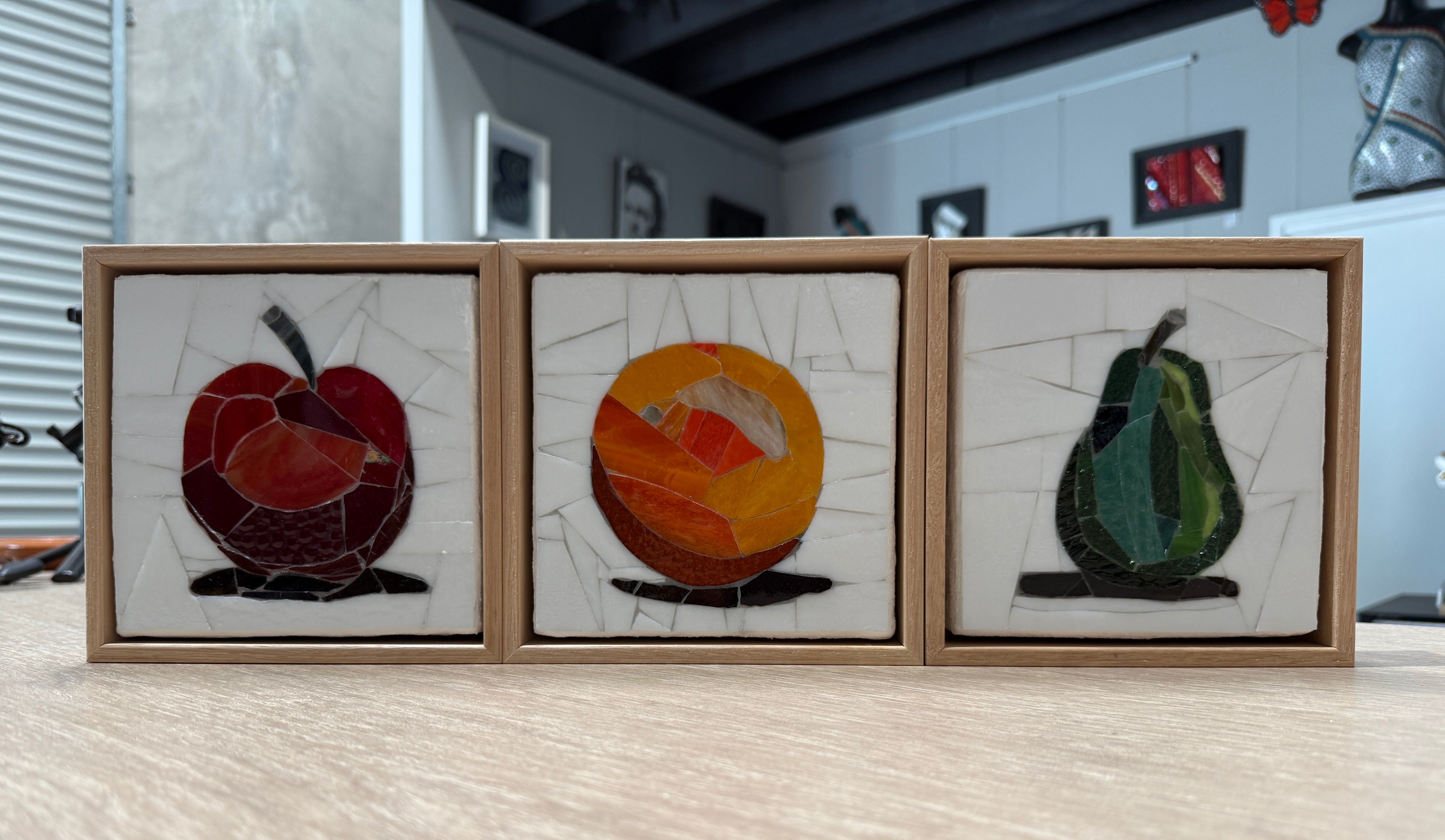 Stained Glass Mosaic Orange Framed in Oak