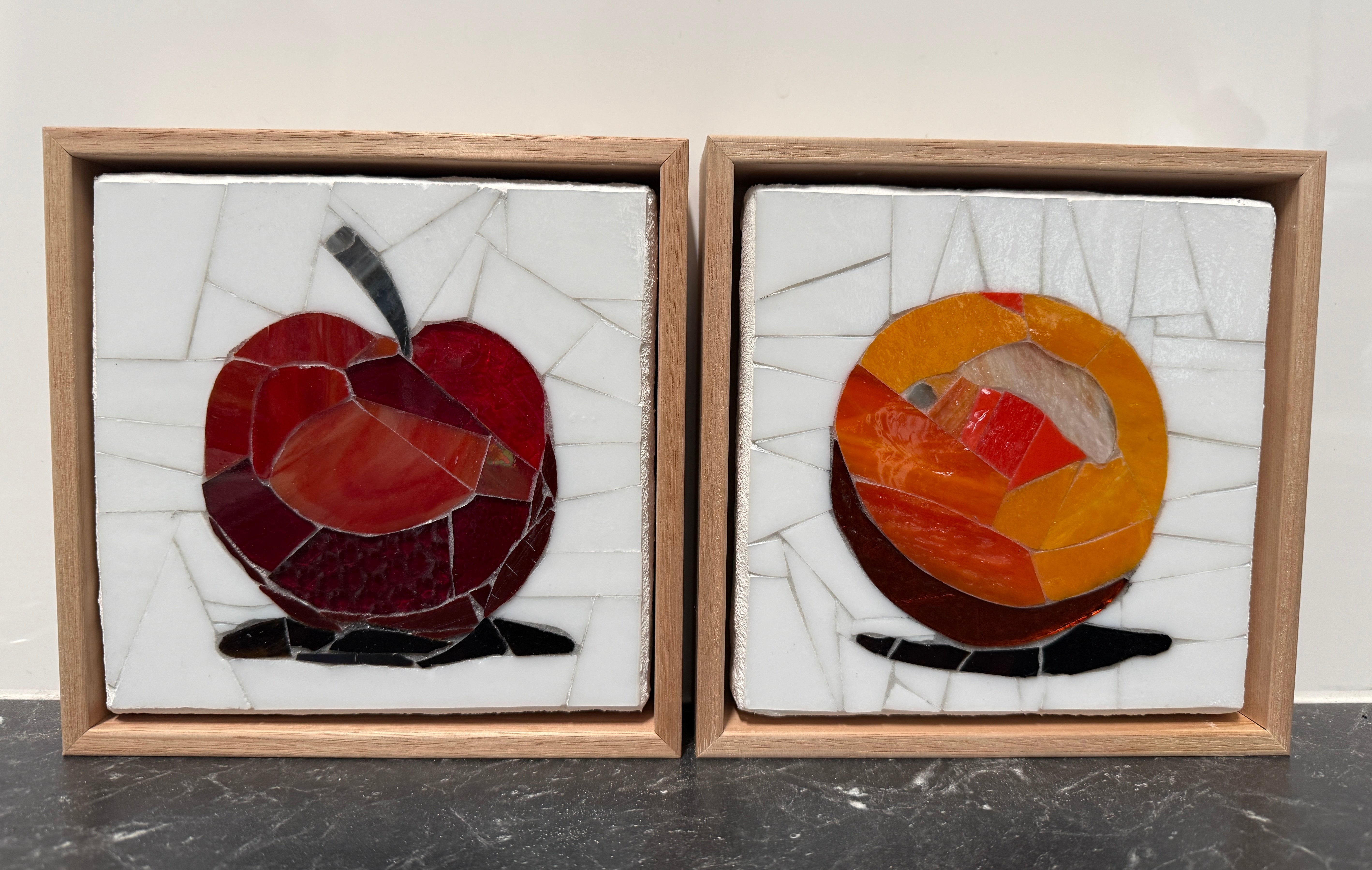 Stained Glass Mosaic Orange Framed in Oak