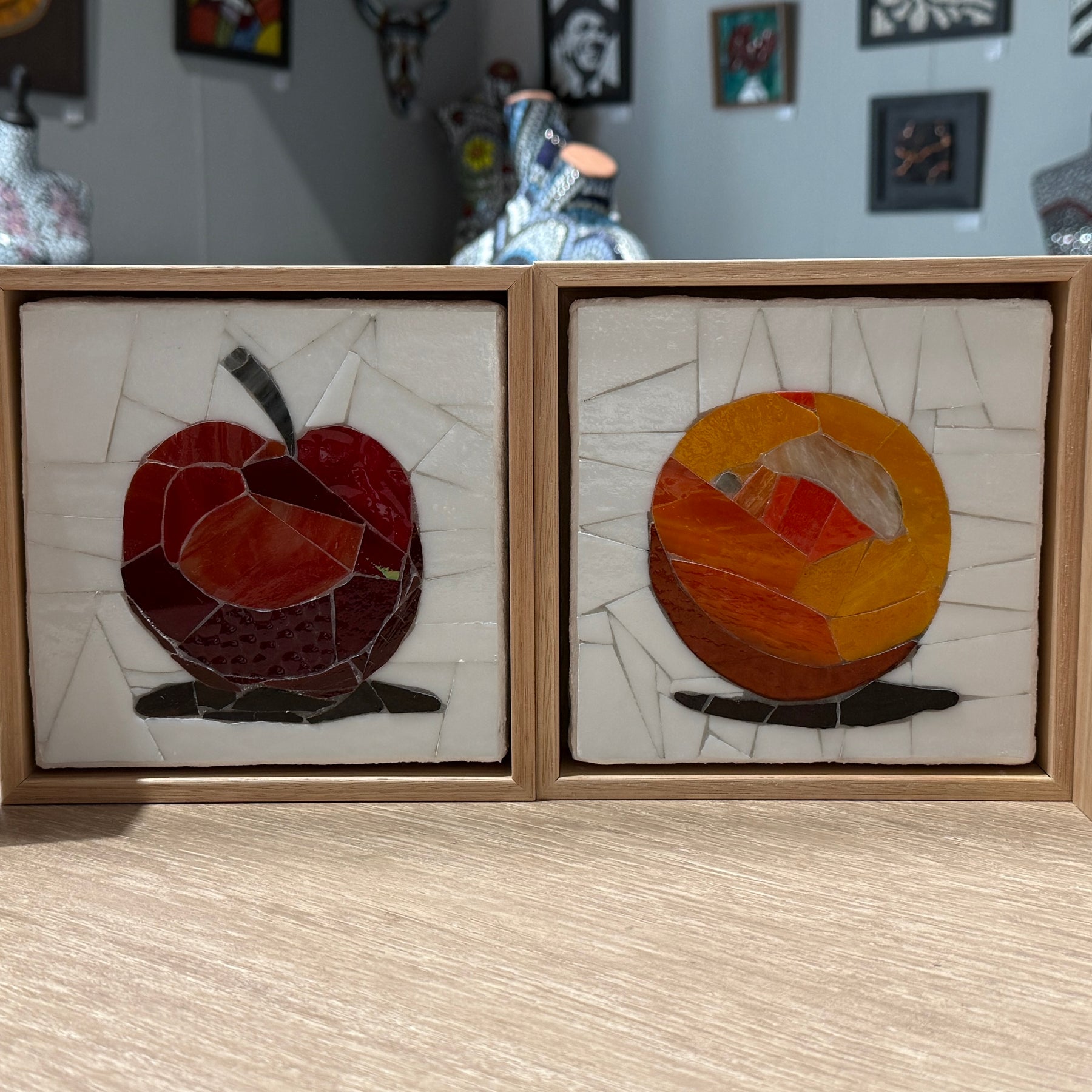 Stained Glass Mosaic Orange Framed in Oak