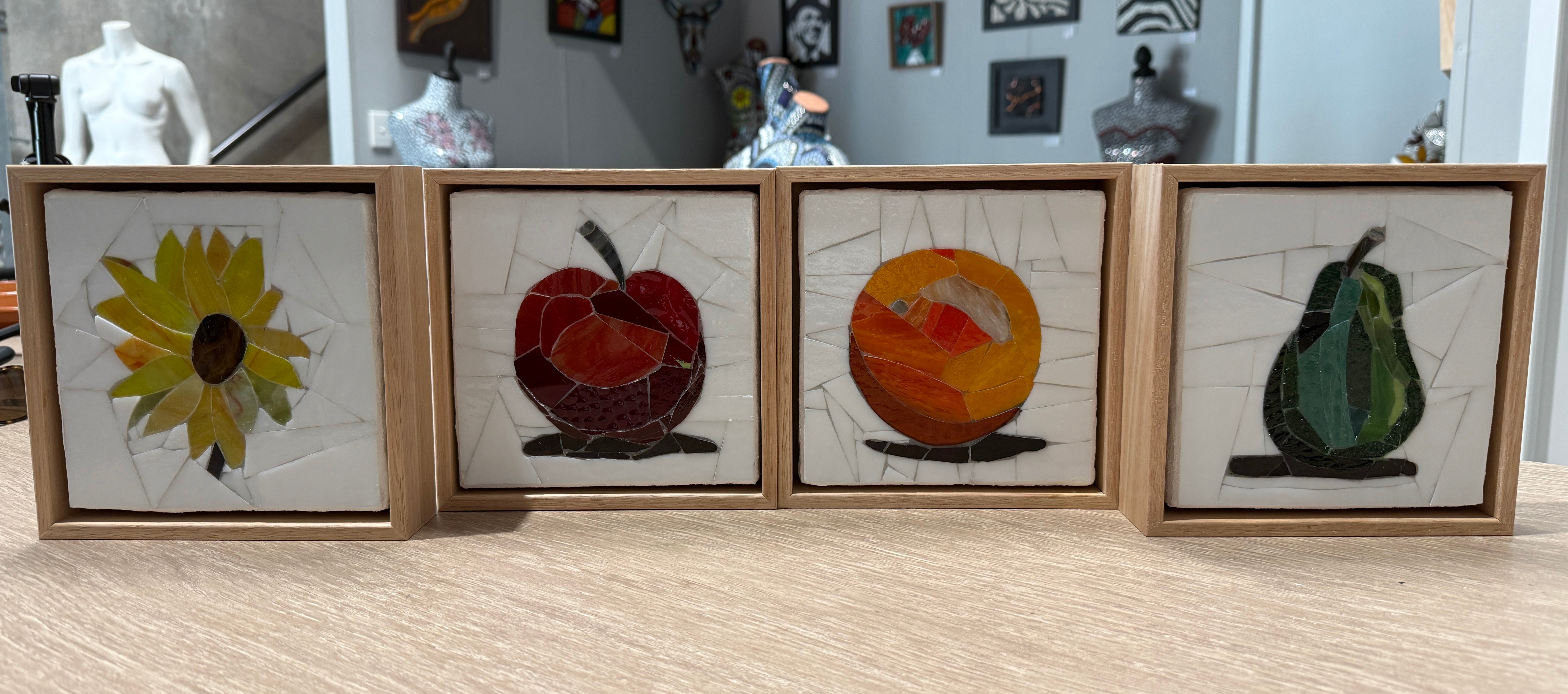 Stained Glass Mosaic Orange Framed in Oak