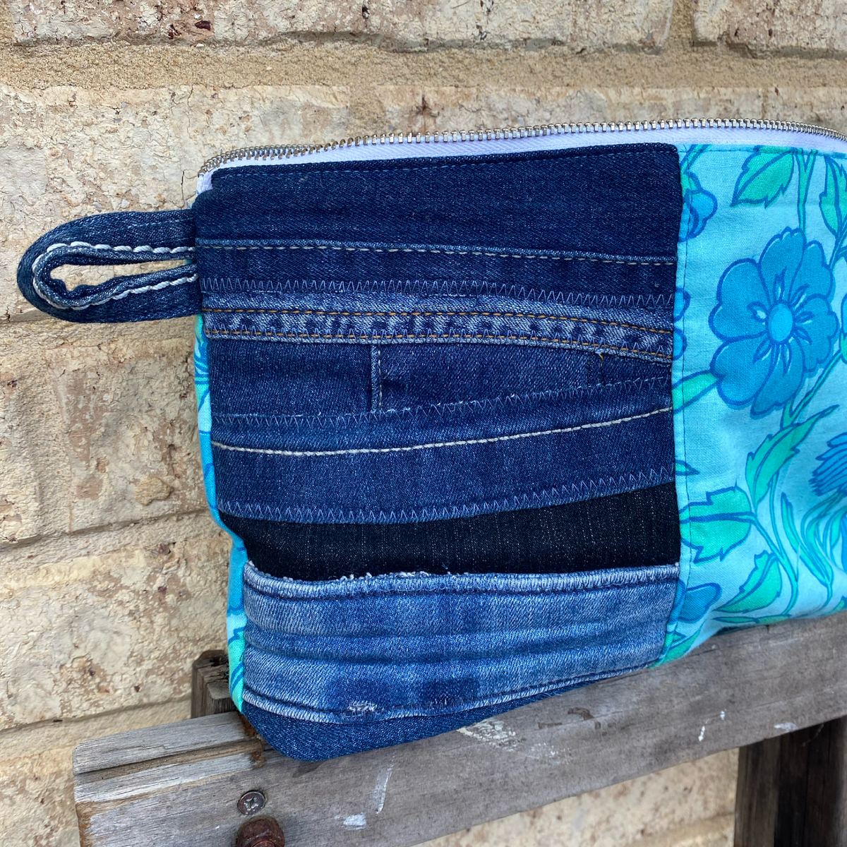 Handmade Pouch Cosmetic Bag Upcycled Vintage Retro - Blue Jean Bloom