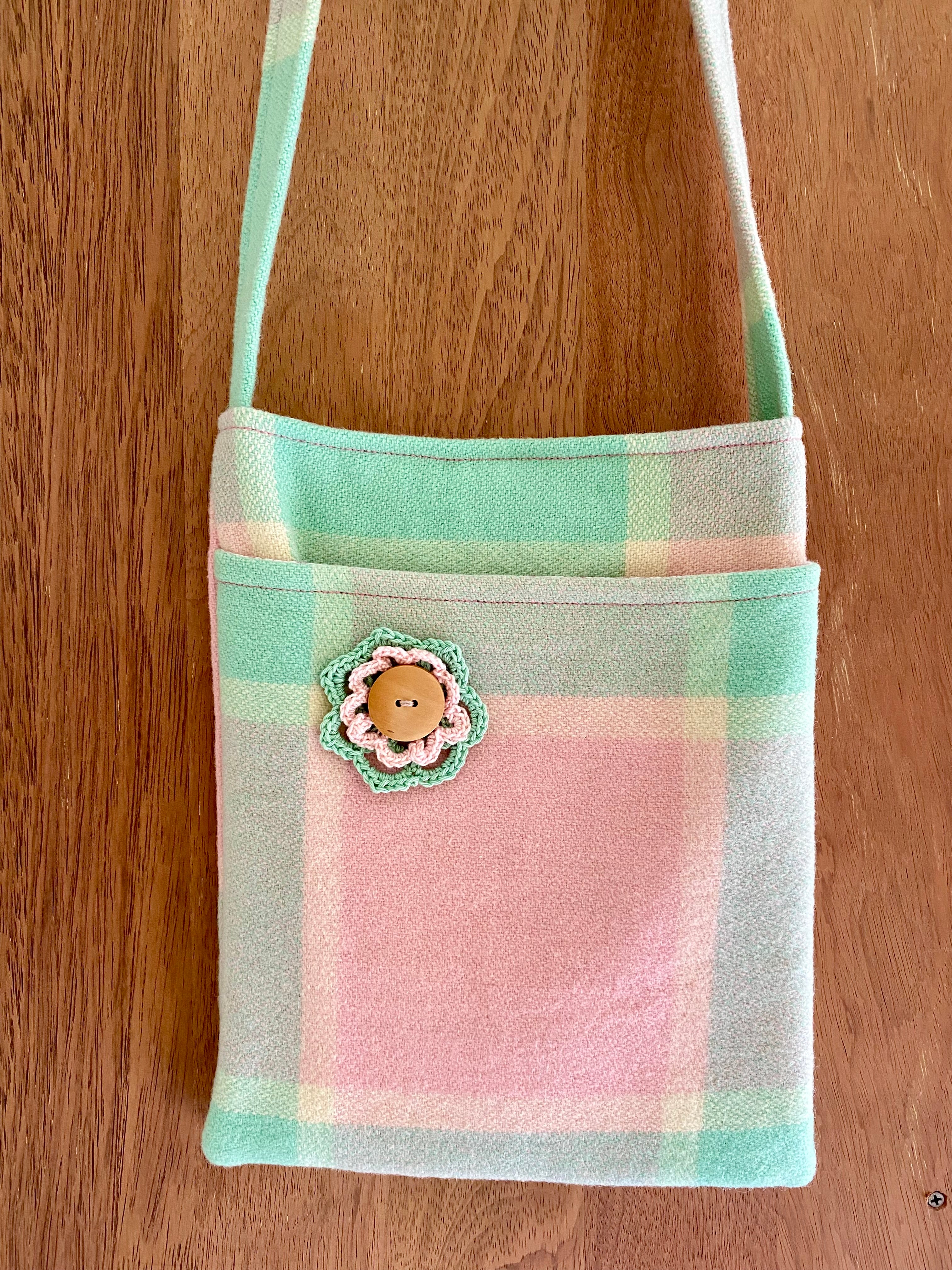 Upcycled Woollen Blanket - Cross Body Bag - Pink/Green