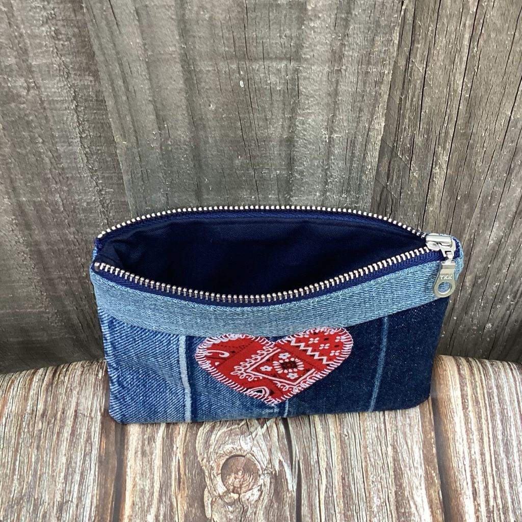 Upcycled Denim Coin Purse – Red Patterned Heart
