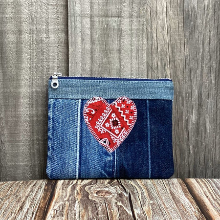 Upcycled Denim Coin Purse – Red Patterned Heart
