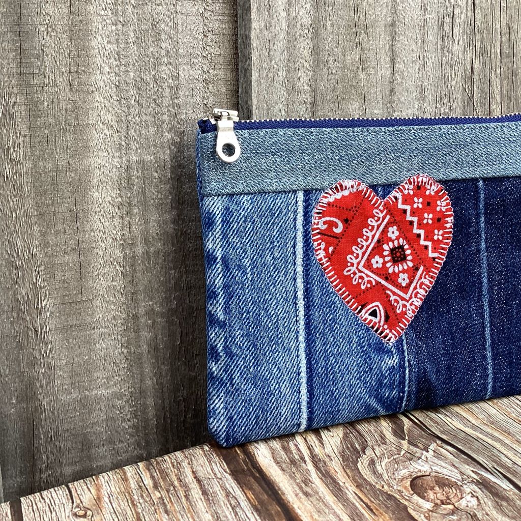 Upcycled Denim Coin Purse – Red Patterned Heart