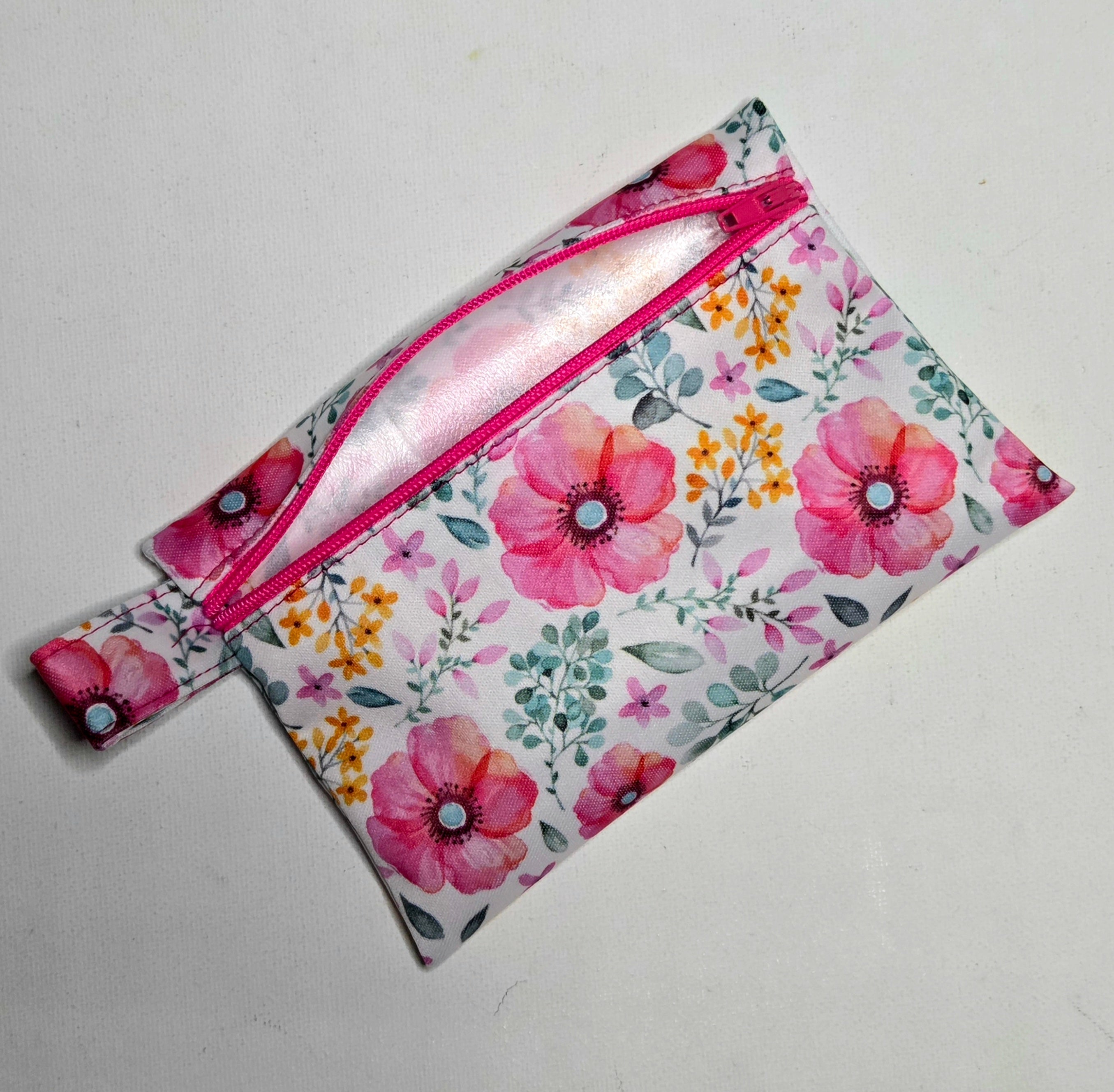 Mini Wet Bag, Pretty Pink Floral fabric, 15cms x 10cms