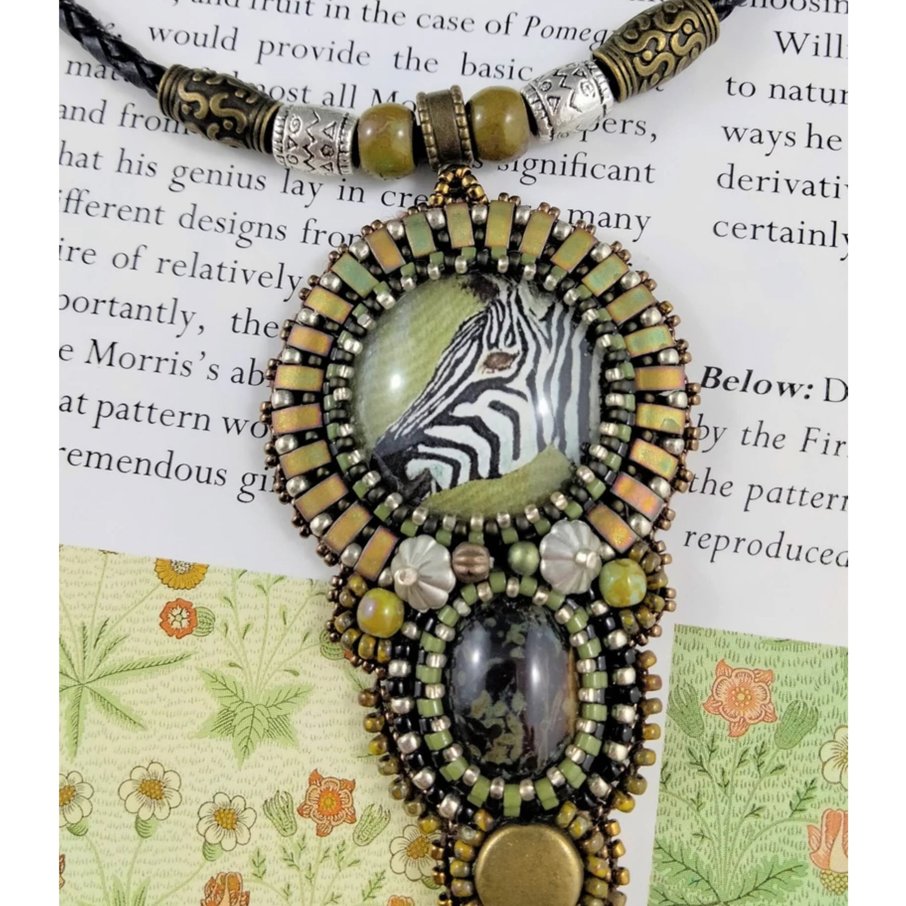 Zebra Pendant necklace hand painted with bead embellishment