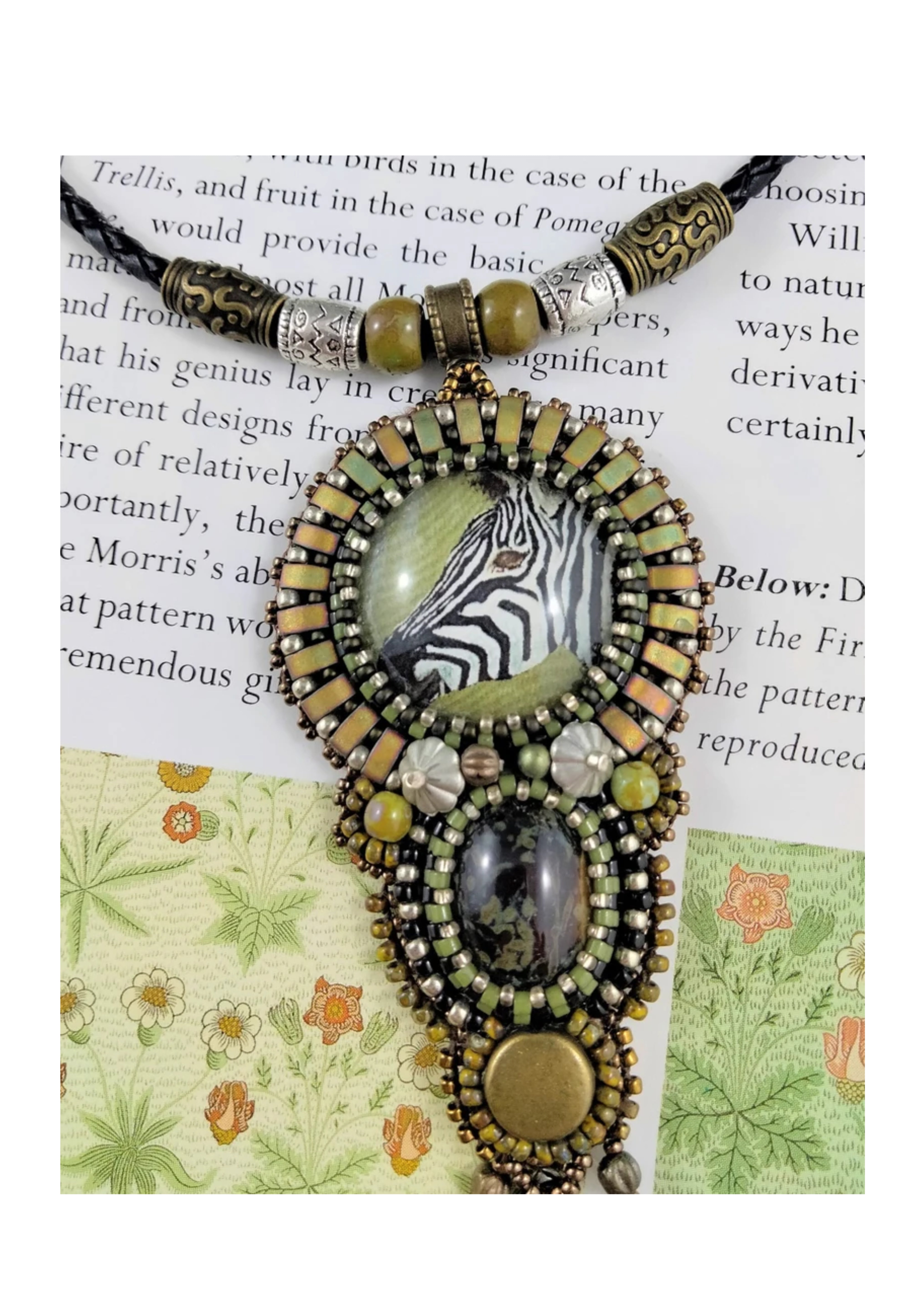 Zebra Pendant necklace hand painted with bead embellishment