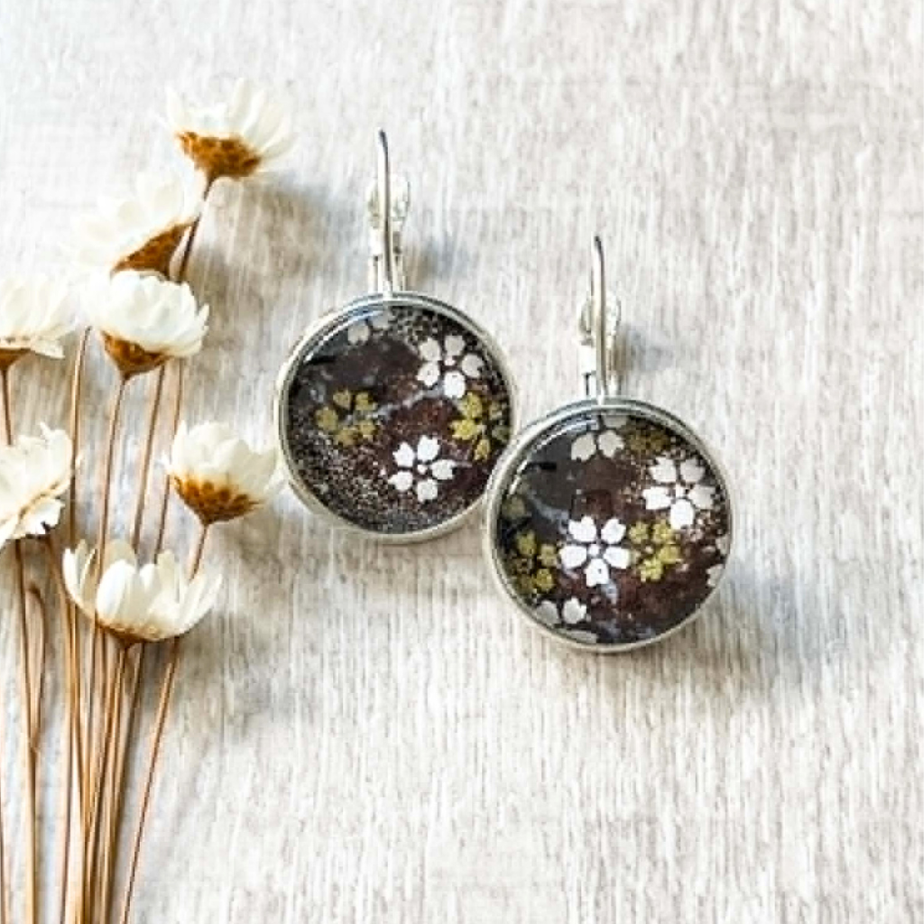 Dark Grey & Gold Handmade Japanese Paper Earrings - Midnight Bloom