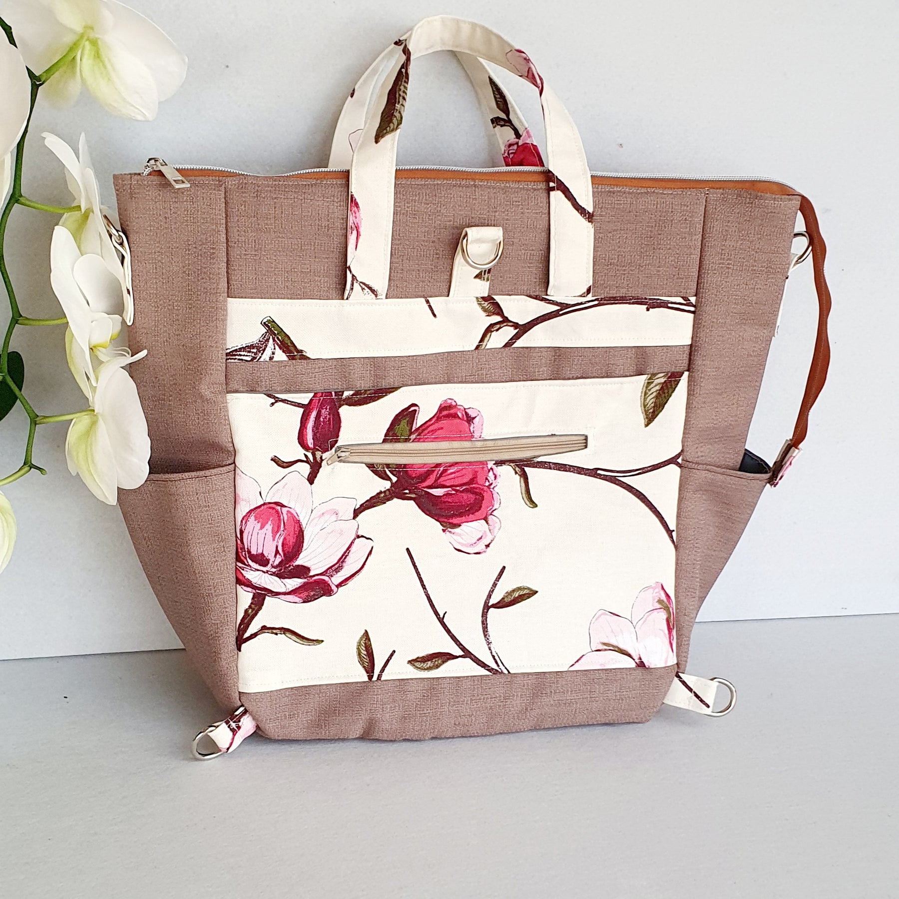 Magnolia Blossom modern bag converting from handbag into crossbody or backpack