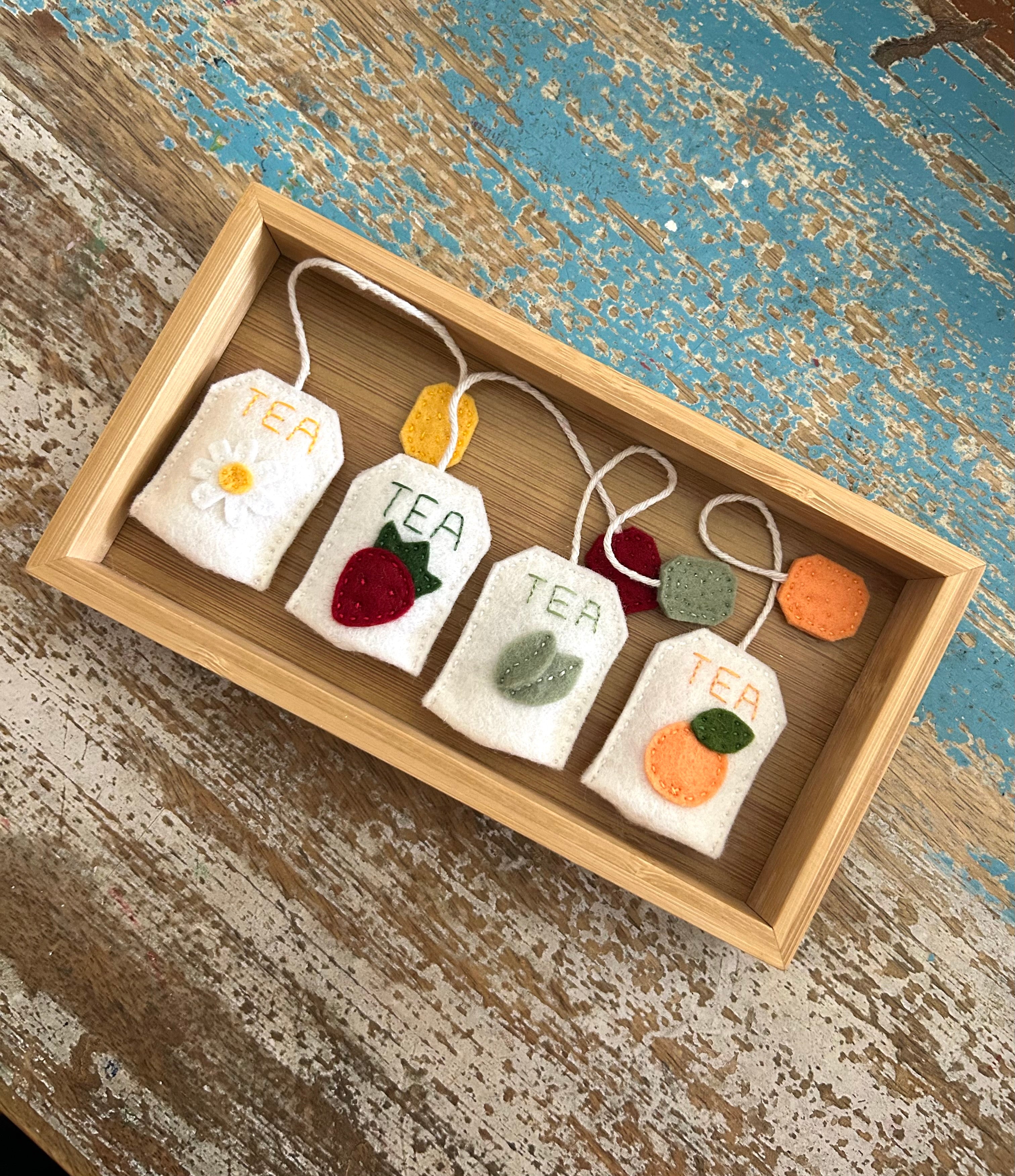 Set of 4 felt tea bags, boxes gift, play kitchen, learn through play