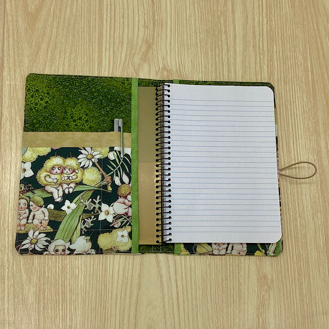 Gumnut Gossipin’ refillable A5 fabric notebook cover gift set - Incl. book and pen.