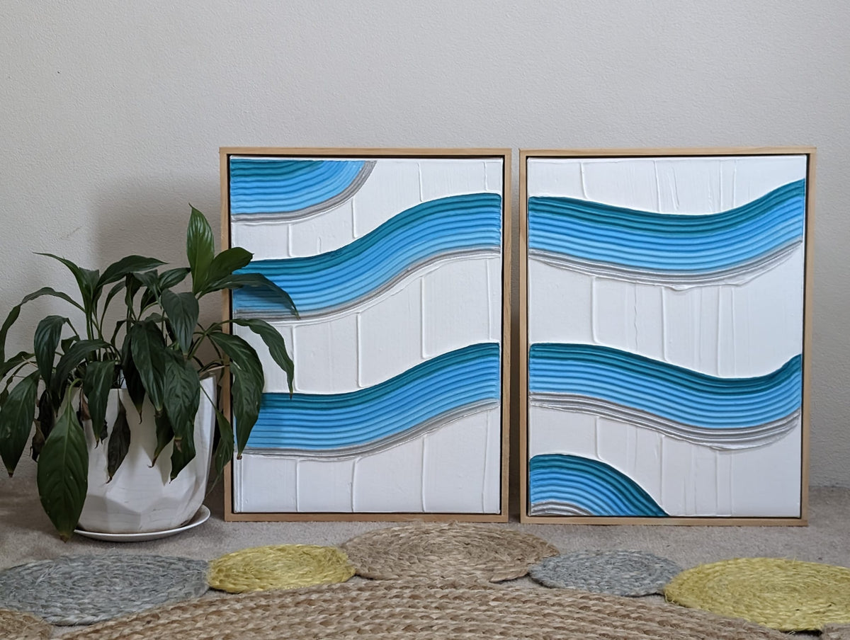 Unified Flow: Handmade Textured Blue Wave Wall Art Set of 2 Original Canvas 30cm x 40cm